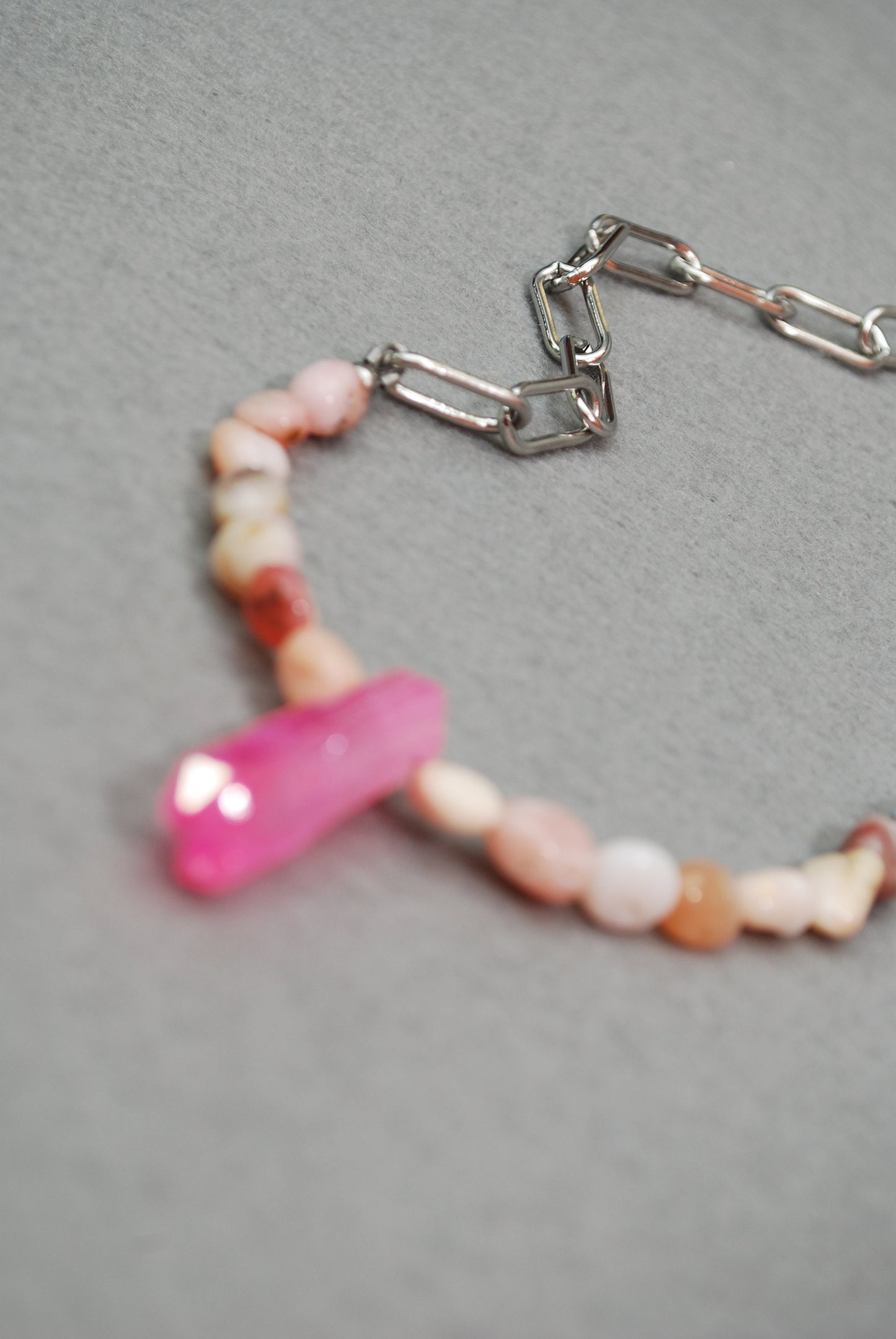 Bohemian Glamour Pink Opaline Stone & Quartz Crystal Necklace - Unique Estibela Creation for Gypsy-Chic Fashion Statement