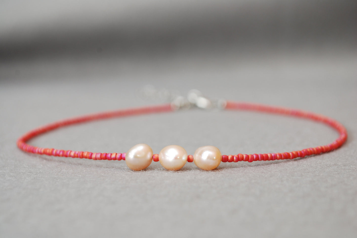 Delicate Pink Seed Beads & Freshwater Light Pink Pearl Beaded Necklace Choker - Unique Exclusive Design, 38cm Length with Extension Chain