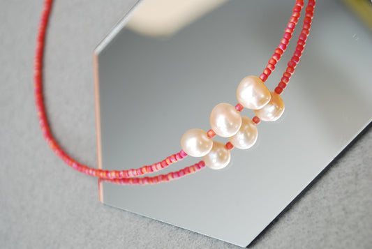 Delicate Pink Seed Beads & Freshwater Light Pink Pearl Beaded Necklace Choker - Unique Exclusive Design, 38cm Length with Extension Chain