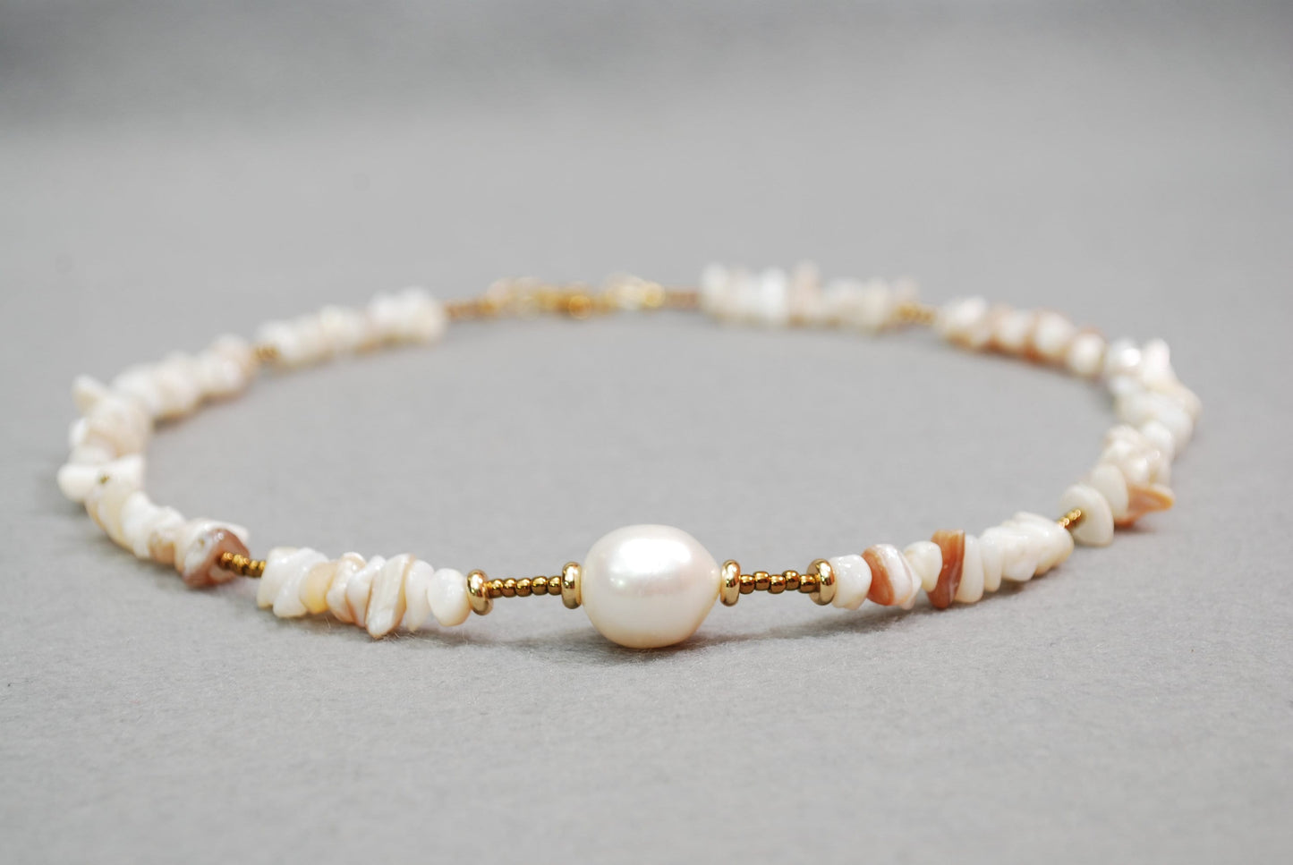 Elegant coral and freshwater pearl gold plated necklace,  Estibela design, 43cm - 17"