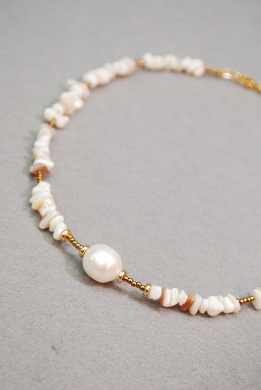 Elegant coral and freshwater pearl gold plated necklace,  Estibela design, 43cm - 17"