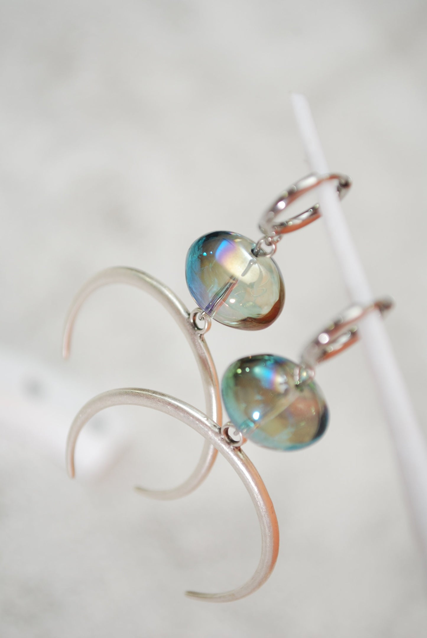 Large half moon earrings, big oval glass earrings, stainless steel hook, 6.5cm 2.5"