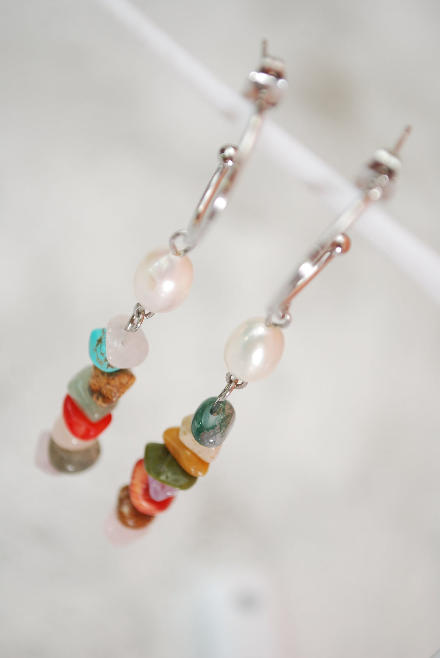 Multicolor stone beaded earrings, freshwater pearl earrings, boho Dangles, Chic Jewelry. 7.5cm 3"