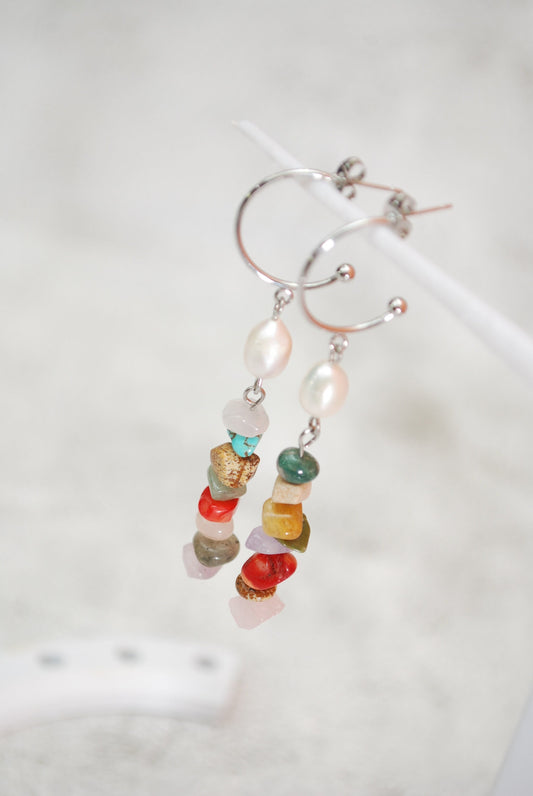 Multicolor stone beaded earrings, freshwater pearl earrings, boho Dangles, Chic Jewelry. 7.5cm 3"