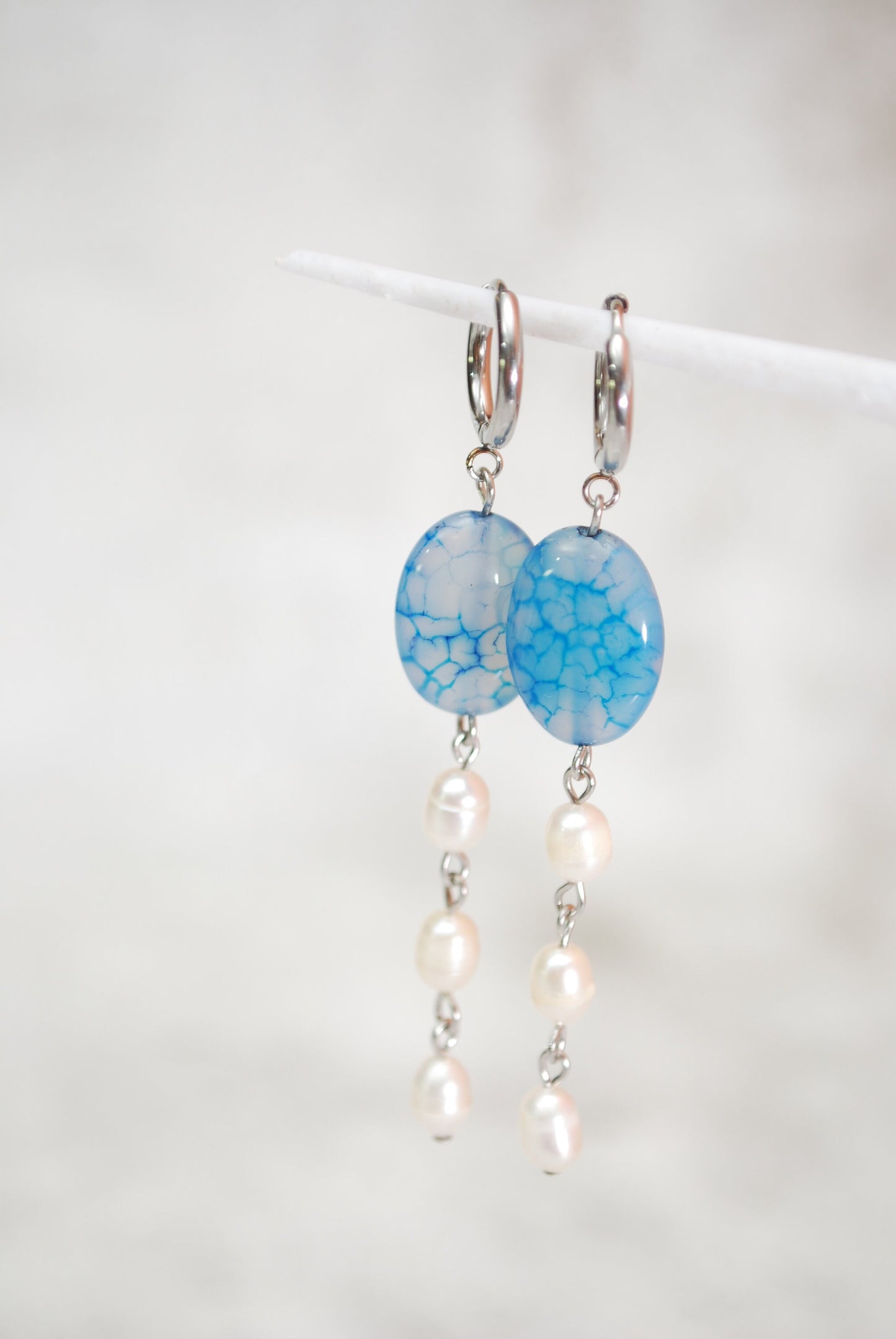 Handmade Long Sodalite Blue Bead and Freshwater Pearl Earrings for Boho Style and Beach Weddings. Estibela design.