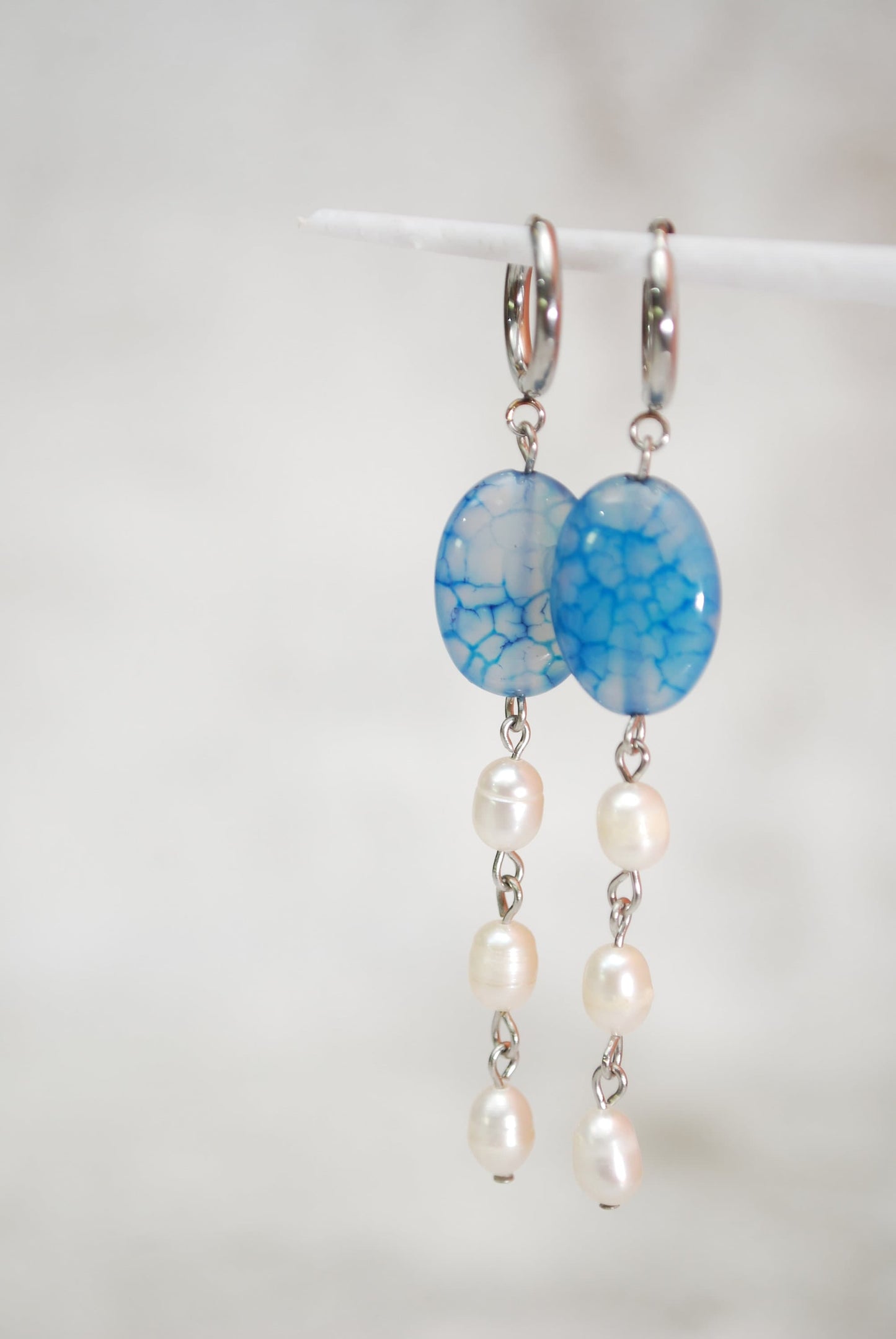 Handmade Long Sodalite Blue Bead and Freshwater Pearl Earrings for Boho Style and Beach Weddings. Estibela design.