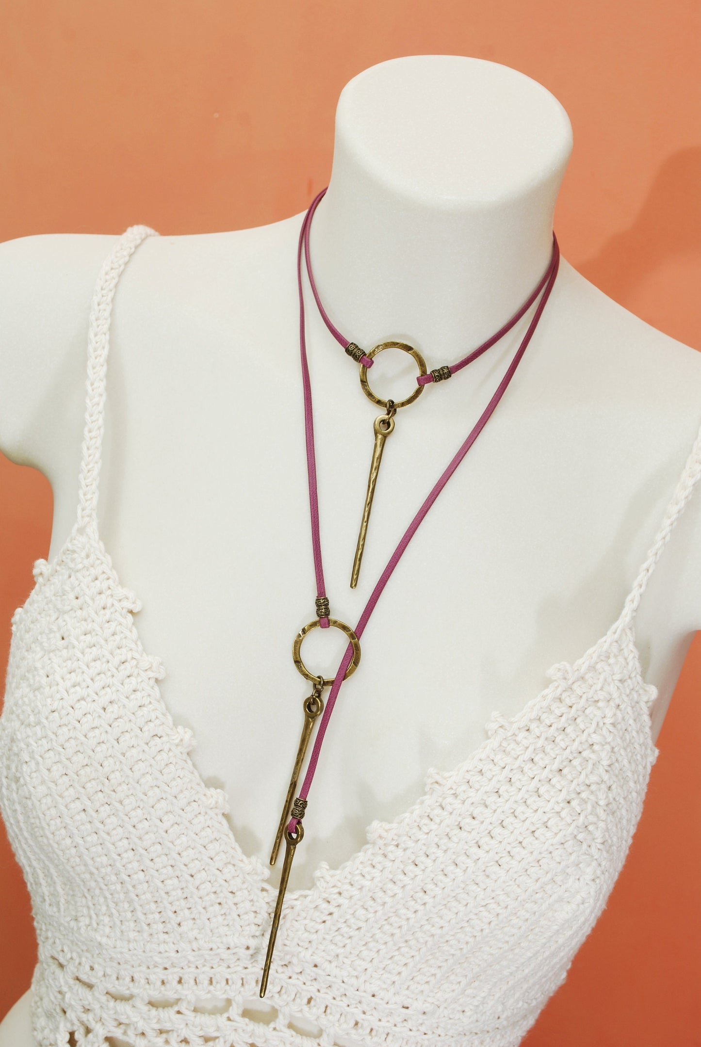 Choker Leather Boho Jewelry, Sexy Bohemian Brown Necklace,Extra Long Spike Necklace, Tassel  Choker