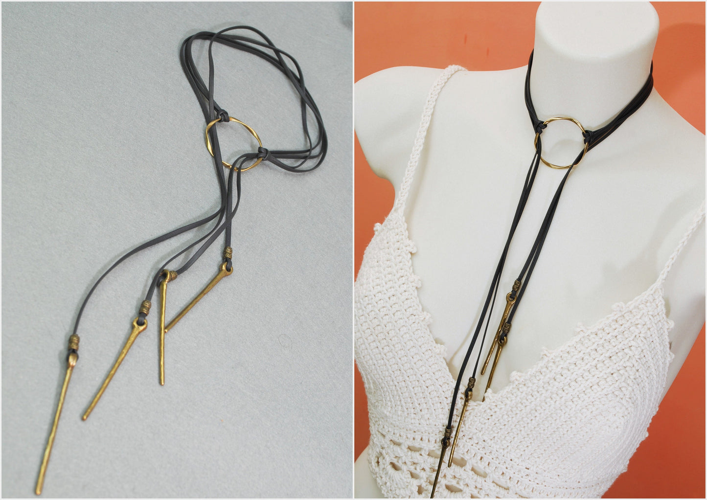 Retro Leather necklace, Long big ring necklace, fringe stick choker, boho sexy artsy necklace, Estibela