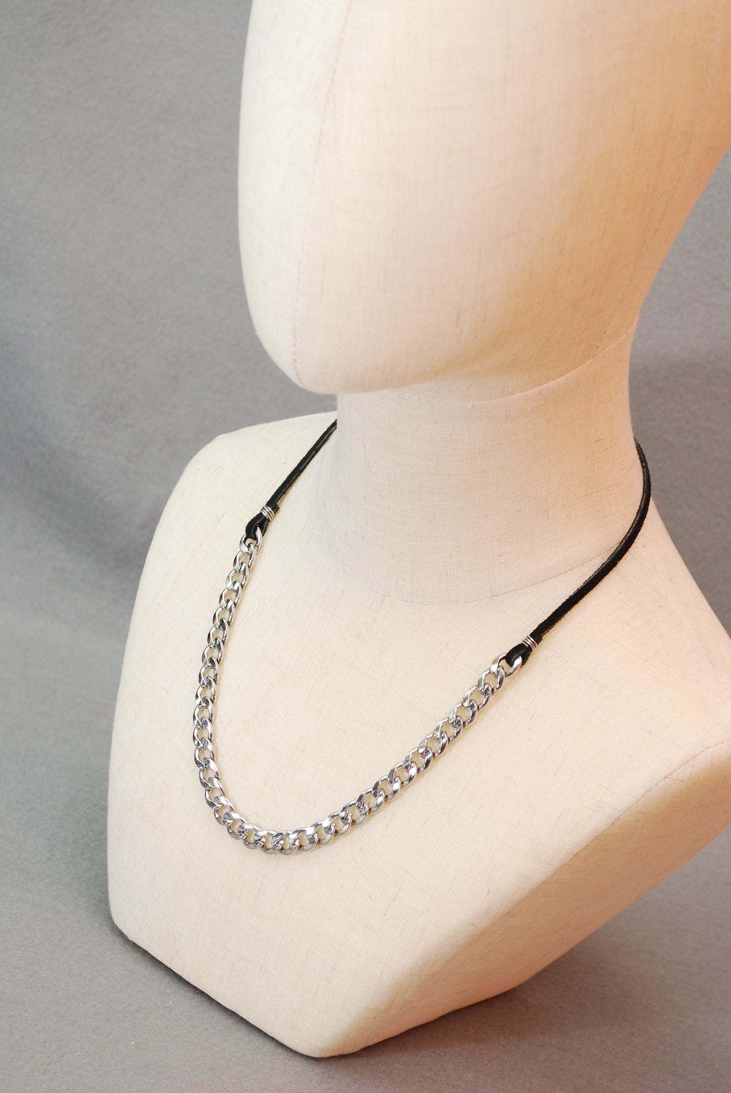 Chunky Chain & Black Leather Cord Necklace from Estibela. 53cm 21"