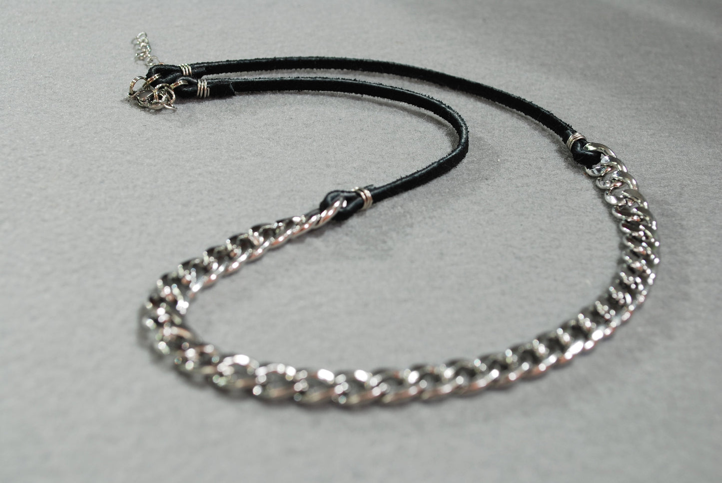 Chunky Chain & Black Leather Cord Necklace from Estibela. 53cm 21"