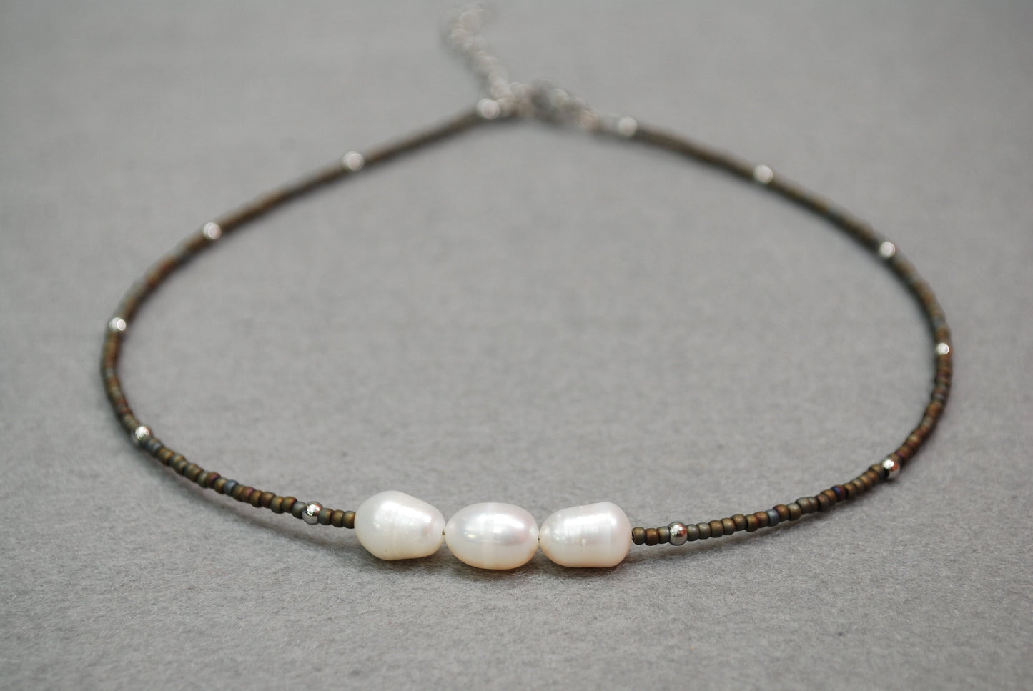 White seed beads choker, Freshwater pearl necklace, Stainless steel choker,  estibela design.