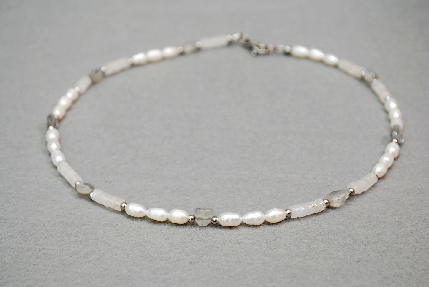 Stunning White and Gray Stone Necklace, Freshwater Pearls & Labradorite Beads, Handmade with High-Quality Materials, 17" Length, 43cm