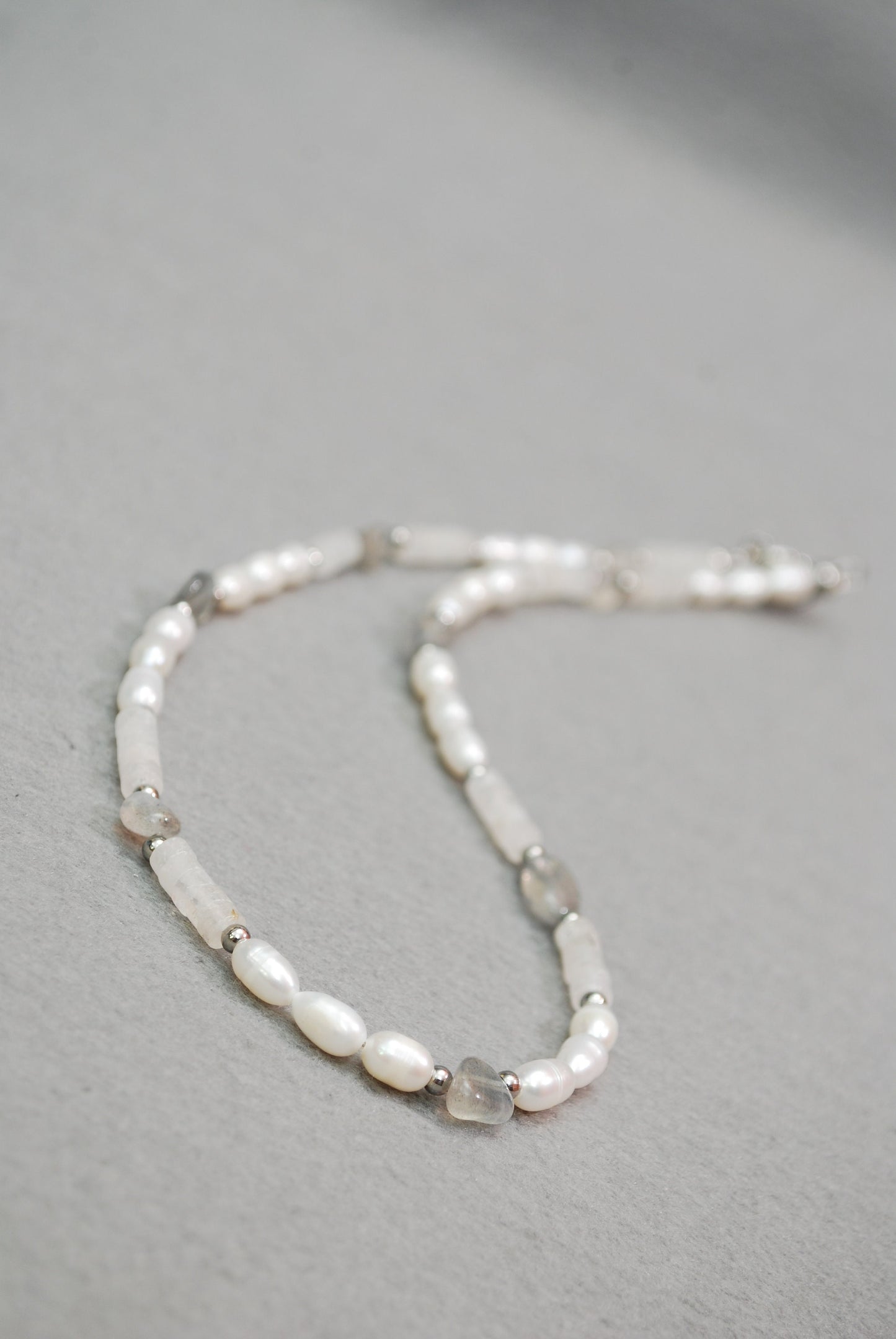 Stunning White and Gray Stone Necklace, Freshwater Pearls & Labradorite Beads, Handmade with High-Quality Materials, 17" Length, 43cm