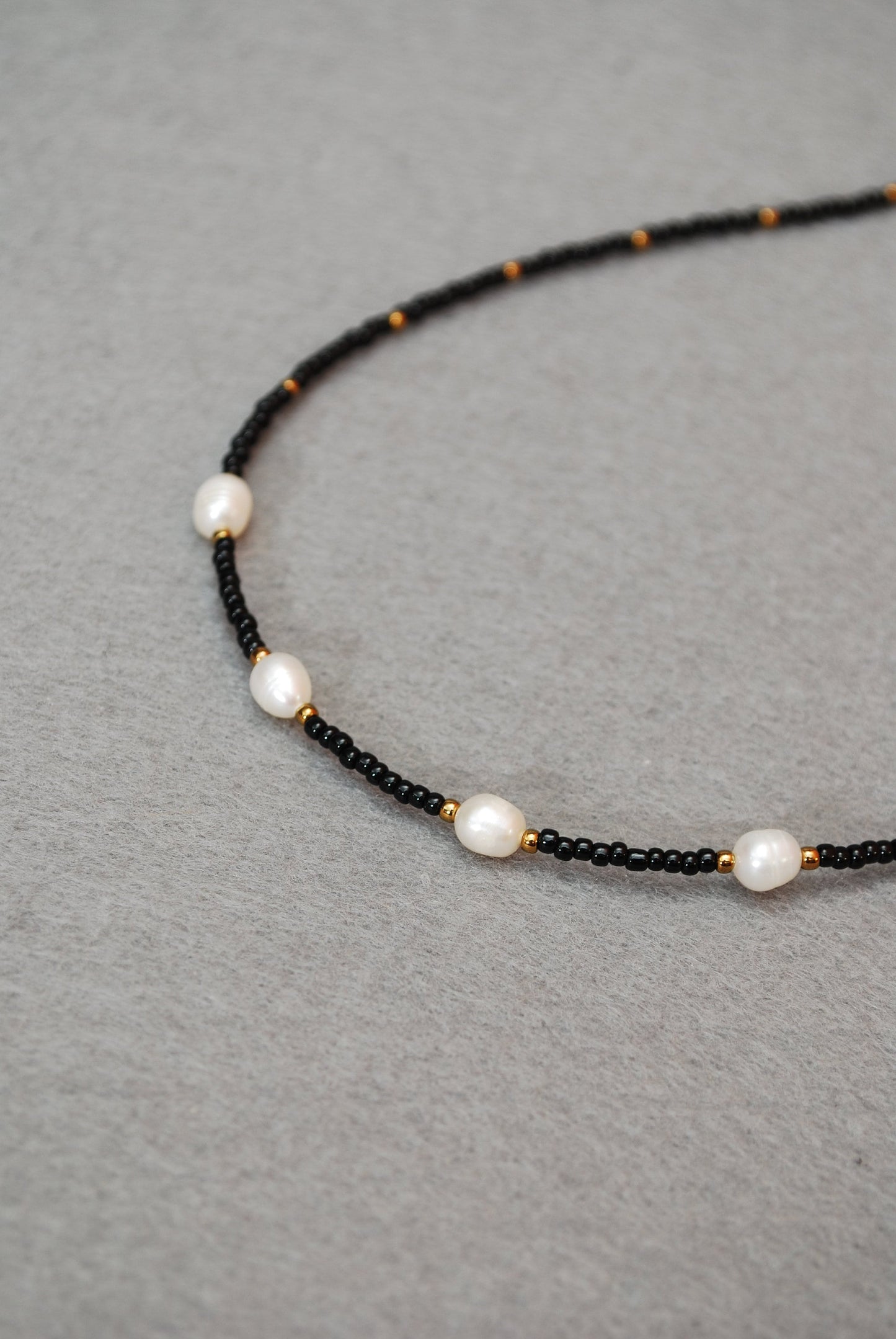 Black seed beads & freshwater pearl golden plated necklace, minimalist jewelry, tiny necklace, 43cm - 17"