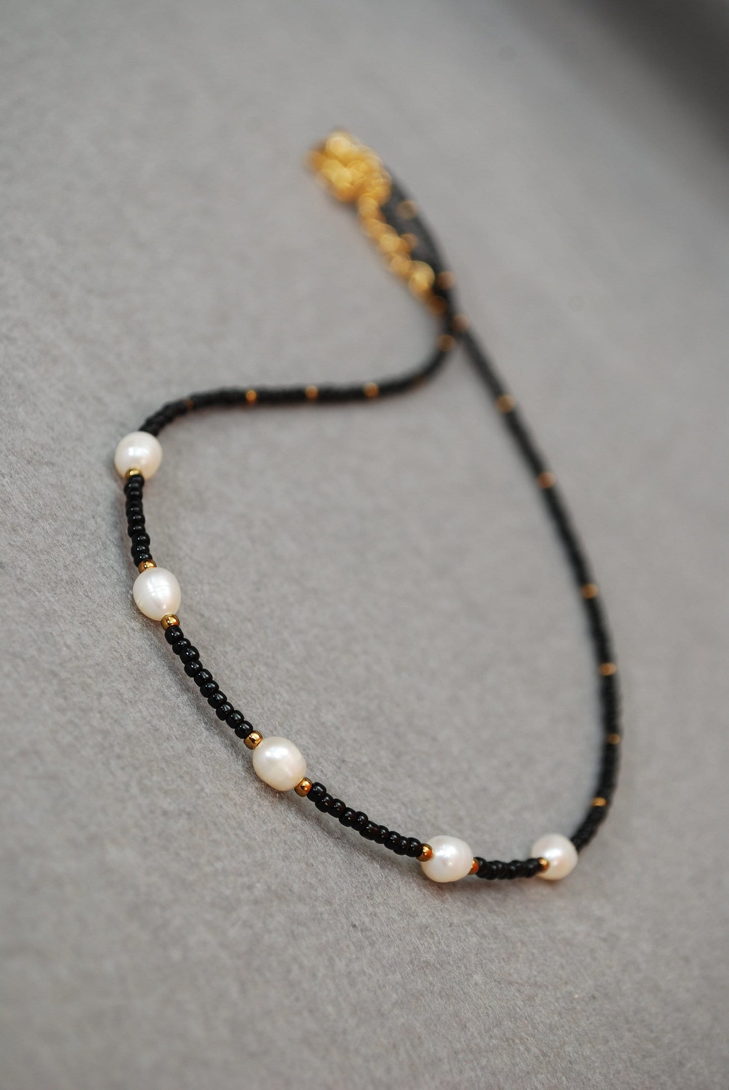 Black seed beads & freshwater pearl golden plated necklace, minimalist jewelry, tiny necklace, 43cm - 17"