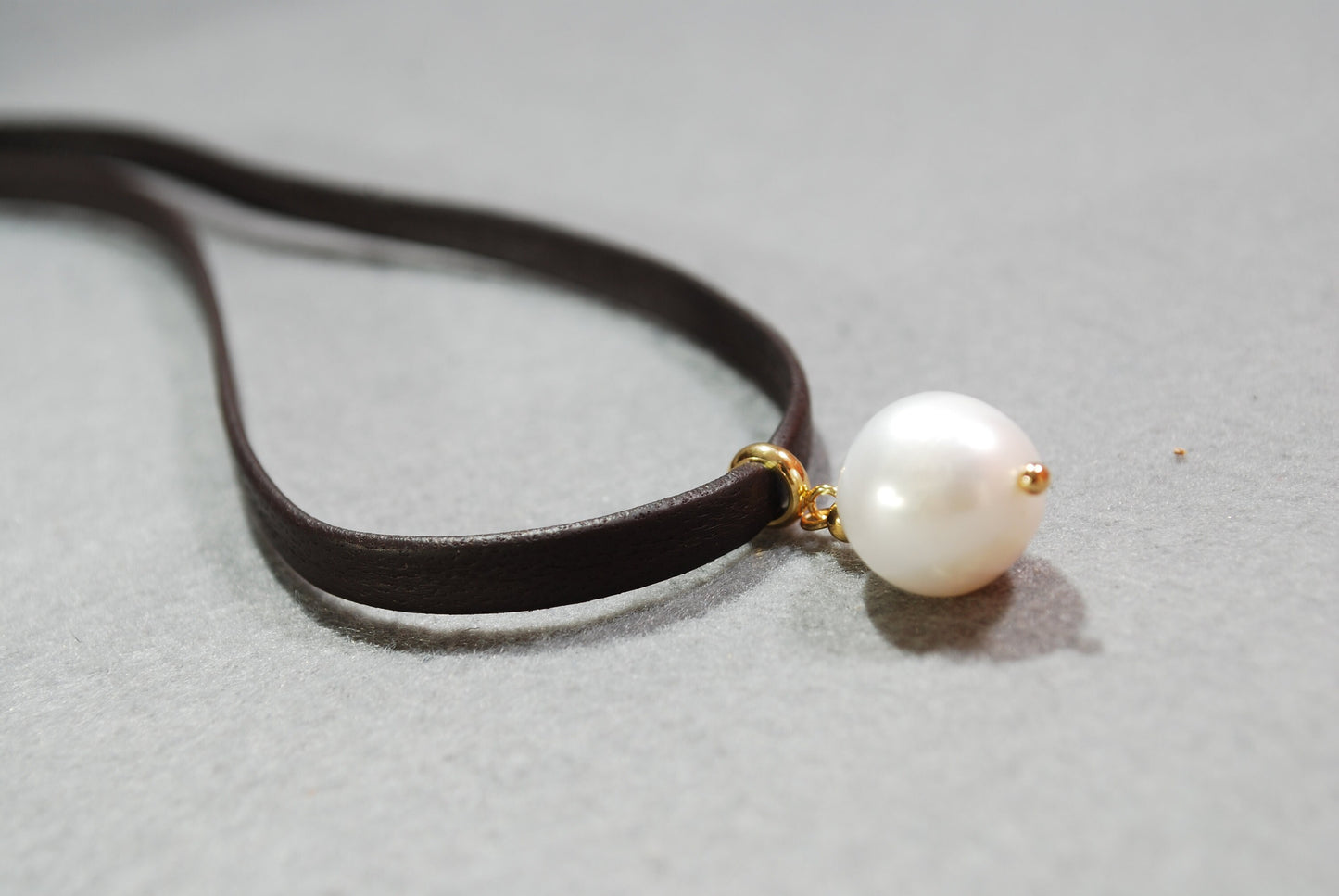 Chunky freshwater pearl pendant, thick leather cord necklace, single pearl choker.