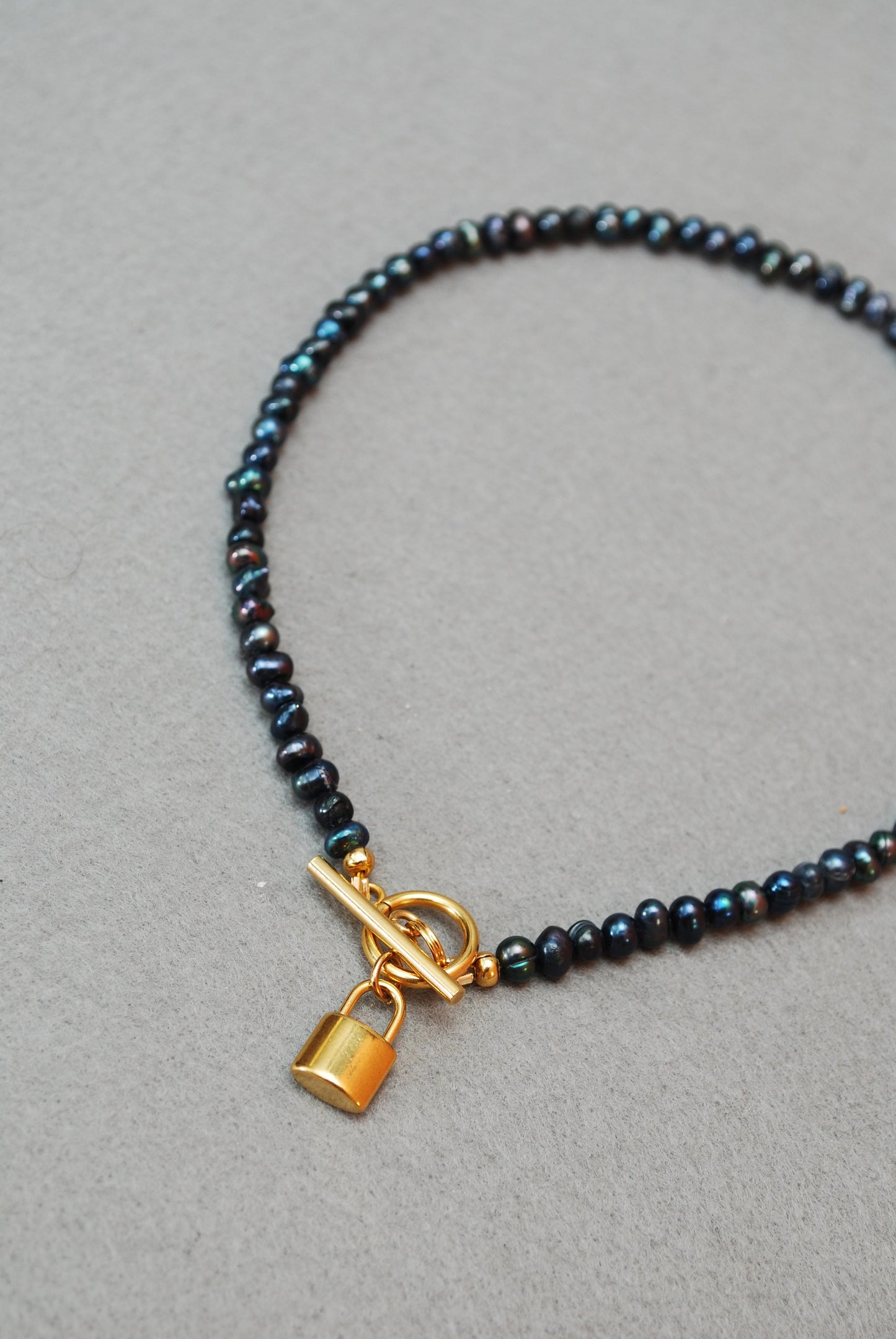 Dark Blue Irregular Freshwater Pearl Beaded Necklace, Stainless Steel Golden Plated Lock Choker, 39cm 15 1/3"