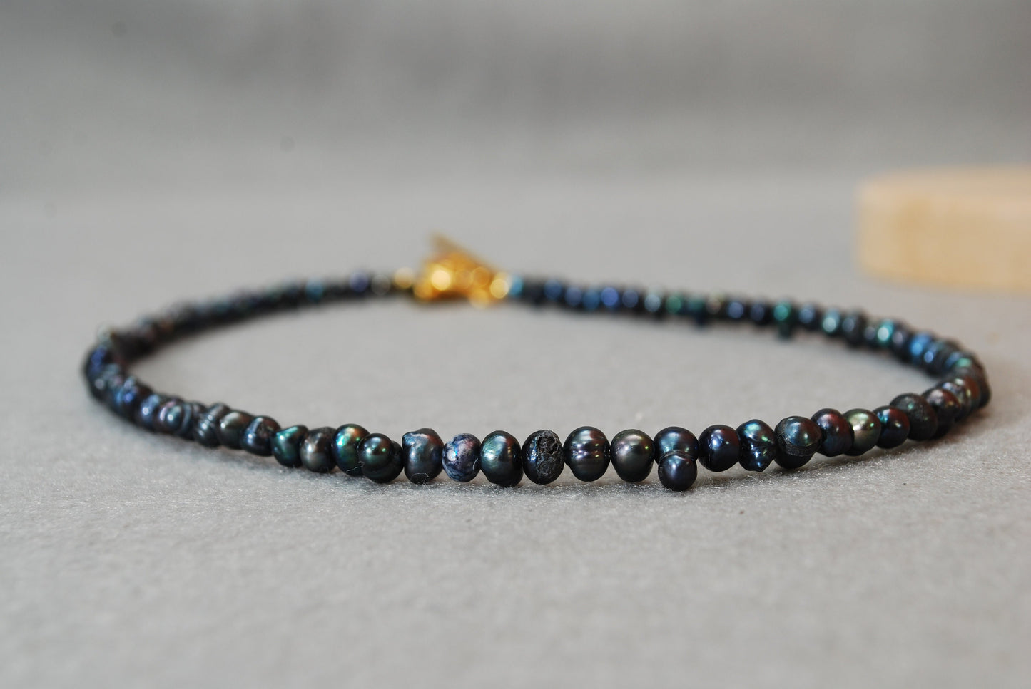 Dark Blue Irregular Freshwater Pearl Beaded Necklace, Stainless Steel Golden Plated Lock Choker, 39cm 15 1/3"