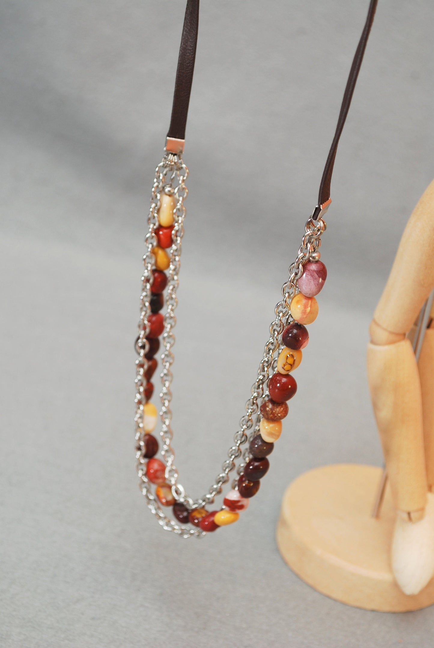 Big massive mookaite stone necklace, Leather cord & large stainless steel chain 59cm 23"