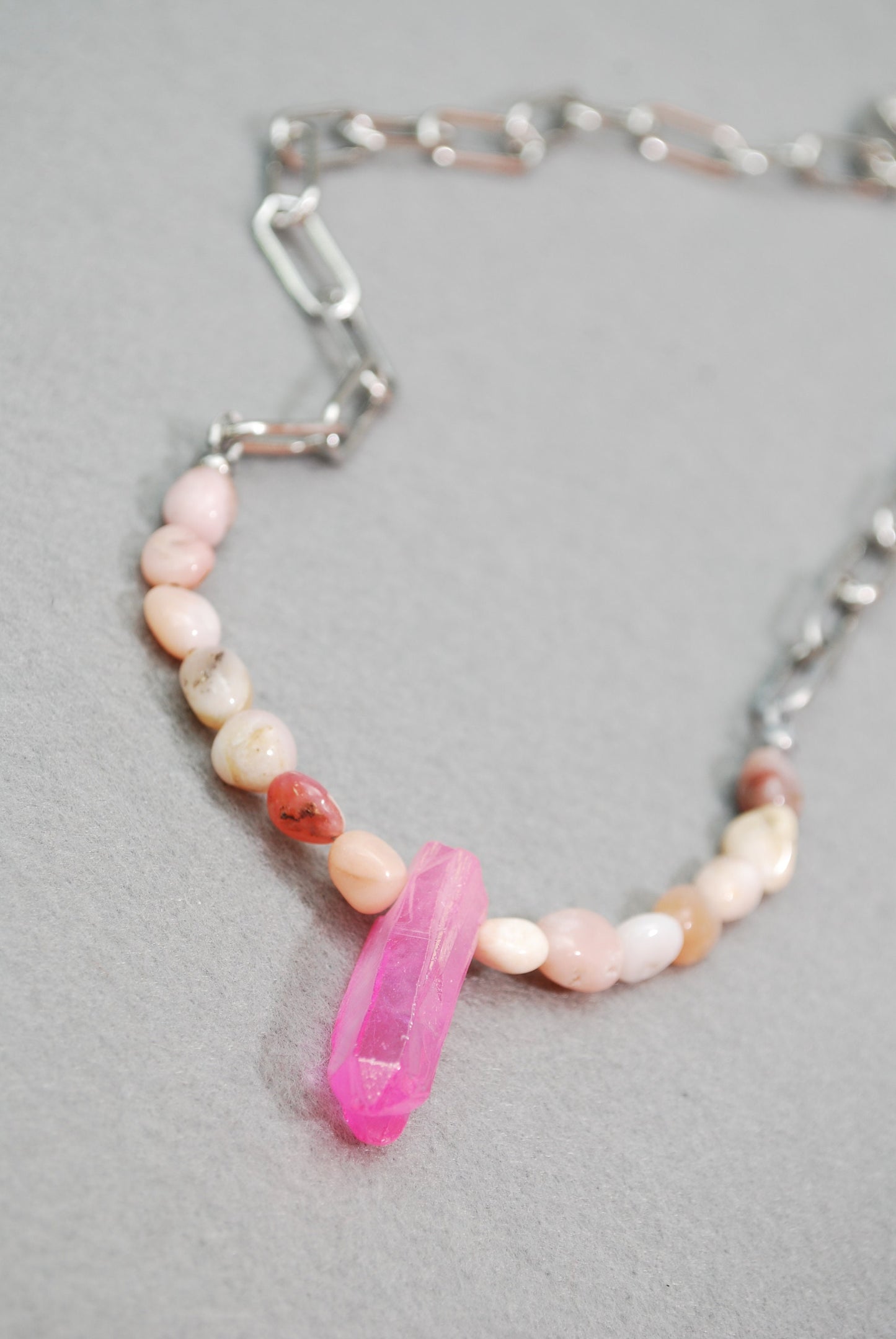 Bohemian Glamour Pink Opaline Stone & Quartz Crystal Necklace - Unique Estibela Creation for Gypsy-Chic Fashion Statement