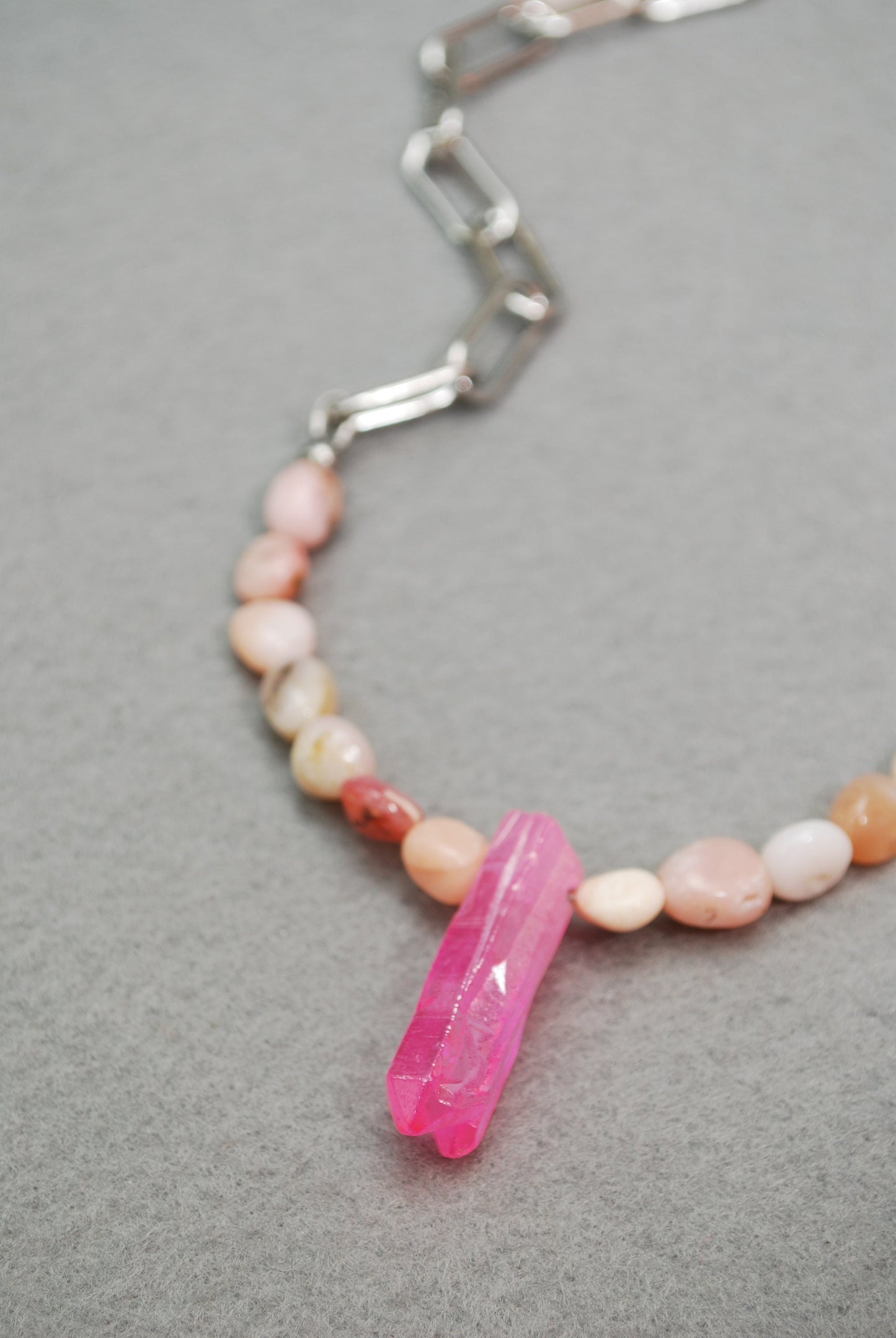 Bohemian Glamour Pink Opaline Stone & Quartz Crystal Necklace - Unique Estibela Creation for Gypsy-Chic Fashion Statement