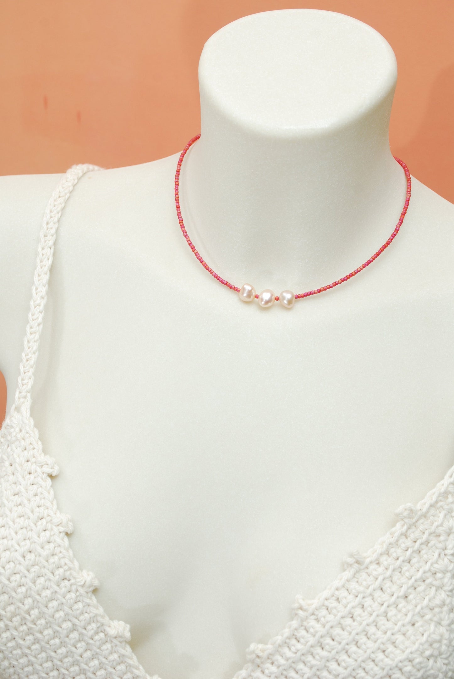 Delicate Pink Seed Beads & Freshwater Light Pink Pearl Beaded Necklace Choker - Unique Exclusive Design, 38cm Length with Extension Chain