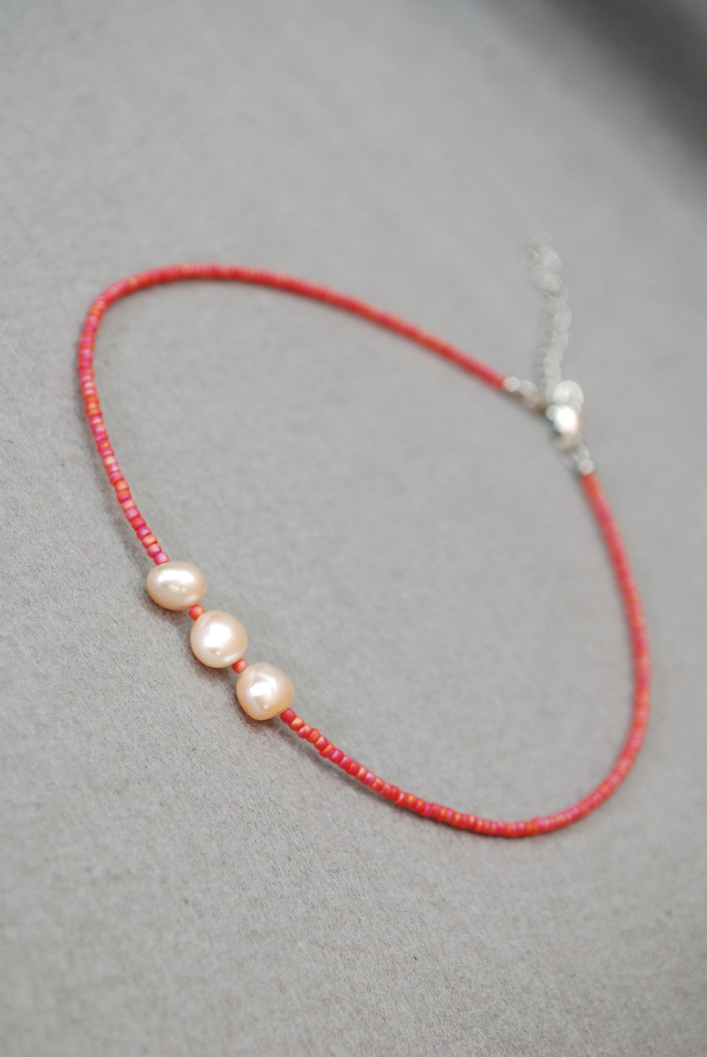 Delicate Pink Seed Beads & Freshwater Light Pink Pearl Beaded Necklace Choker - Unique Exclusive Design, 38cm Length with Extension Chain