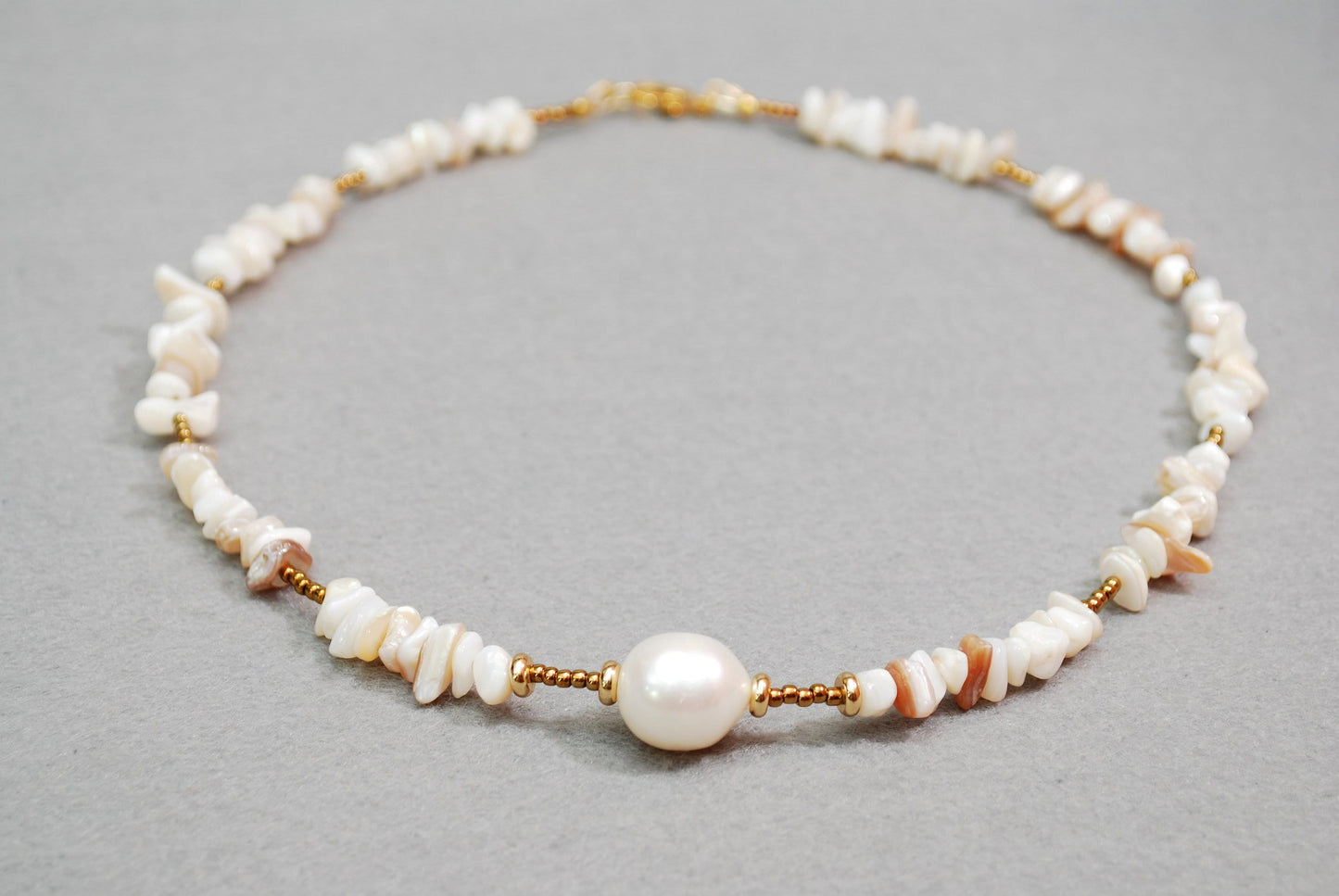 Elegant coral and freshwater pearl gold plated necklace,  Estibela design, 43cm - 17"