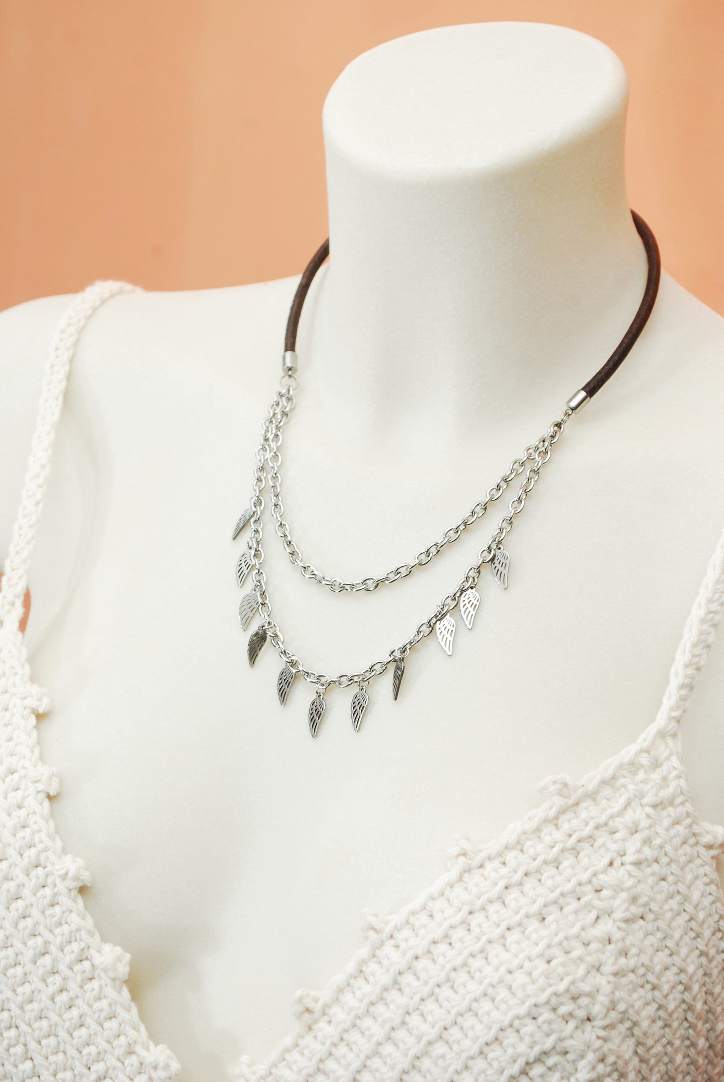 Multiple layer necklace, Feather chain nekclace, stailess steel & natural leather cord neckalce,  45cm - 18"