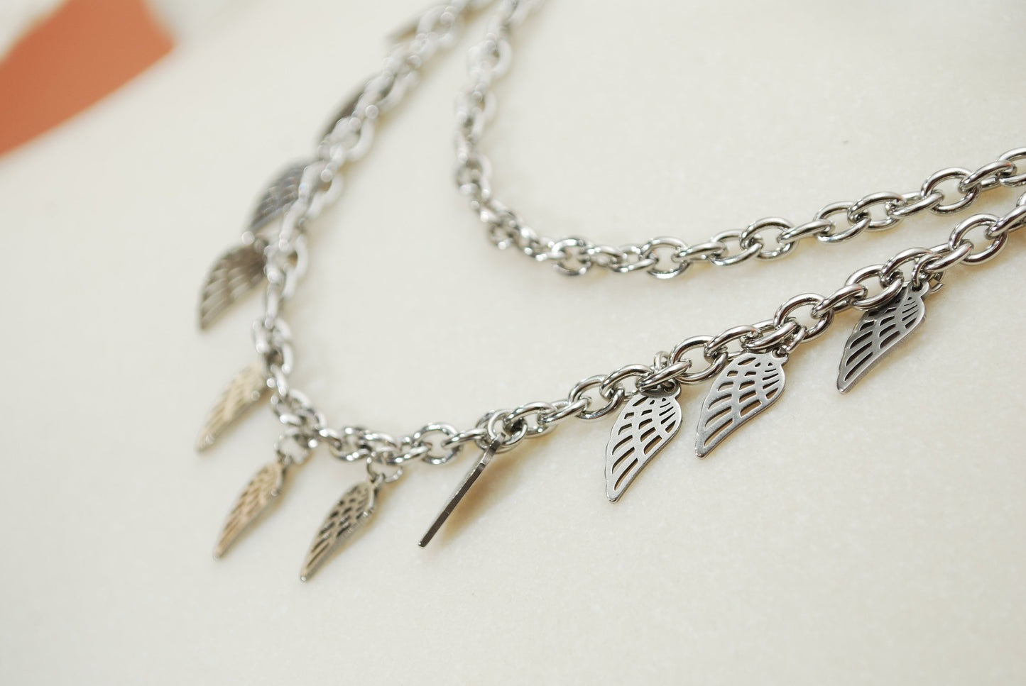 Multiple layer necklace, Feather chain nekclace, stailess steel & natural leather cord neckalce,  45cm - 18"