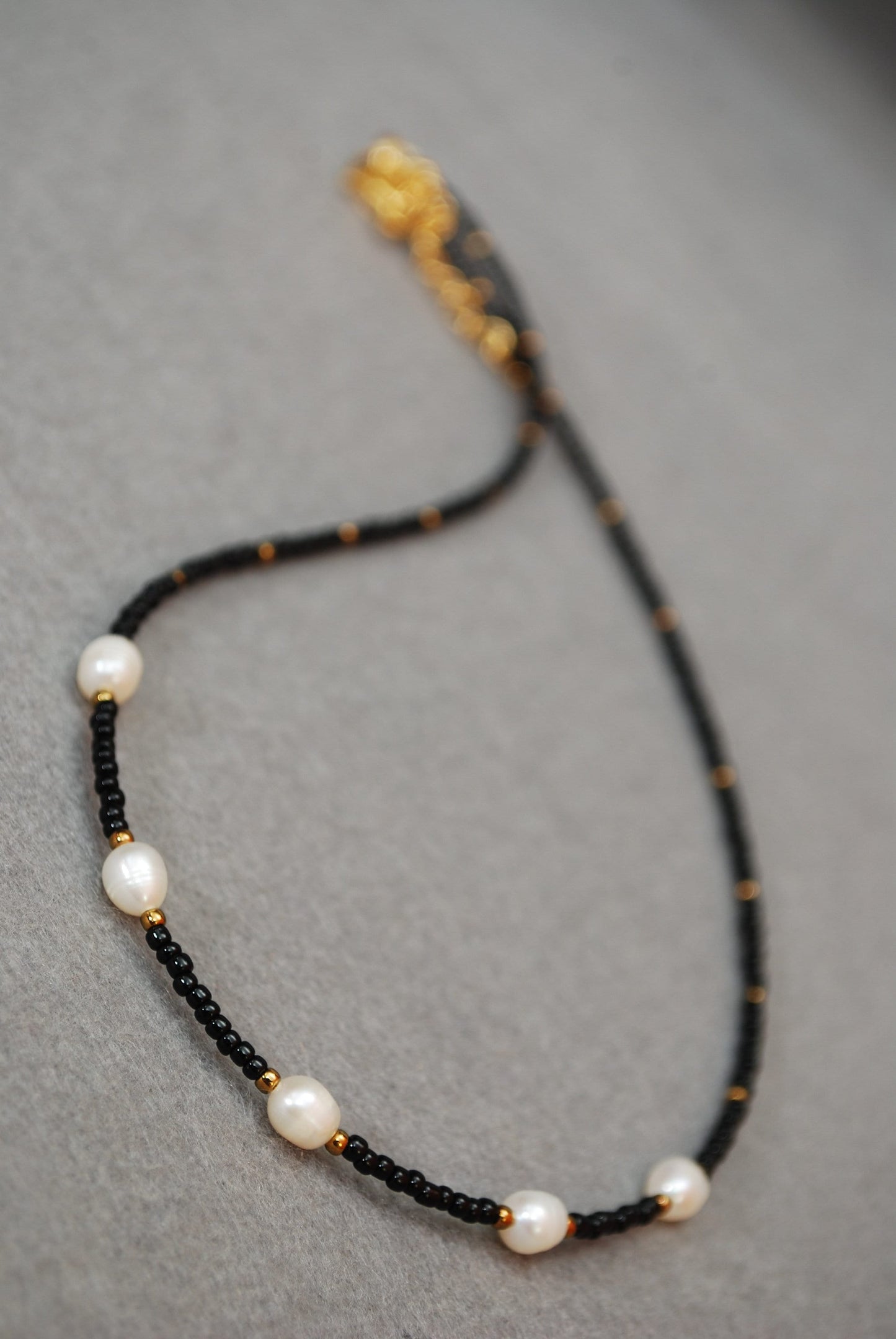 Black seed beads & freshwater pearl golden plated necklace, minimalist jewelry, tiny necklace, 43cm - 17"