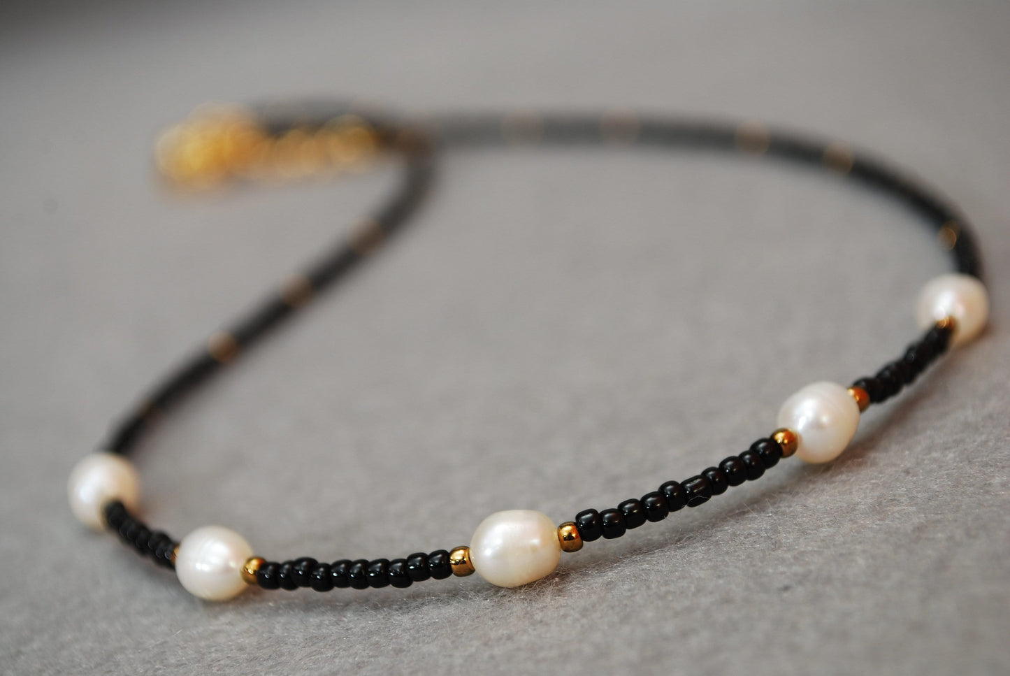 Black seed beads & freshwater pearl golden plated necklace, minimalist jewelry, tiny necklace, 43cm - 17"