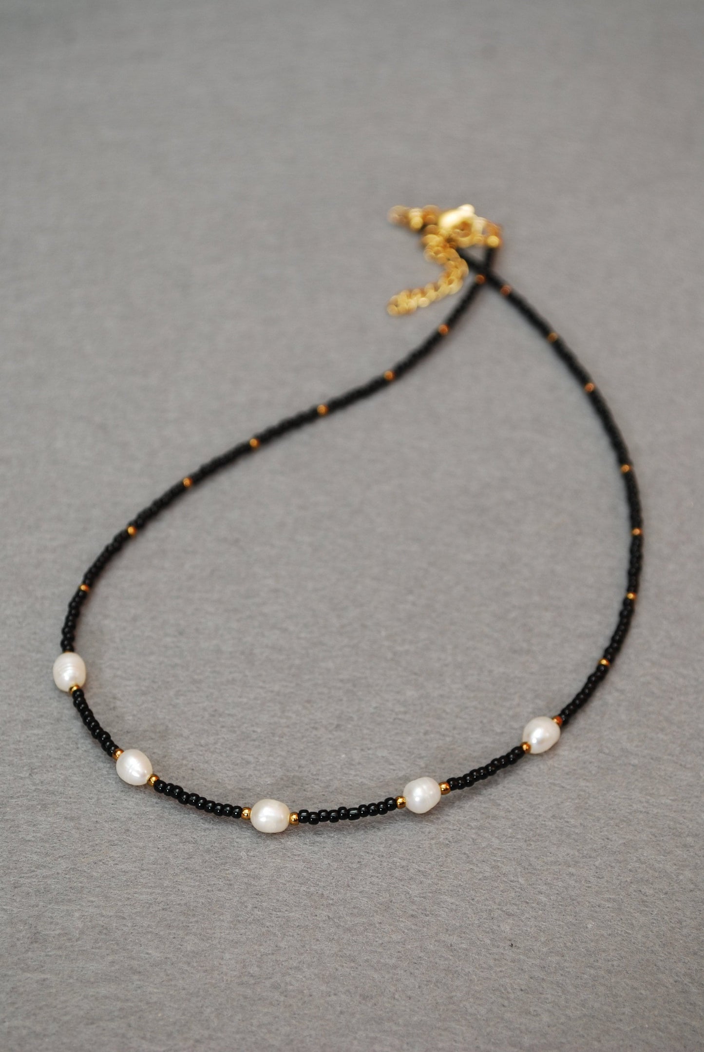 Black seed beads & freshwater pearl golden plated necklace, minimalist jewelry, tiny necklace, 43cm - 17"