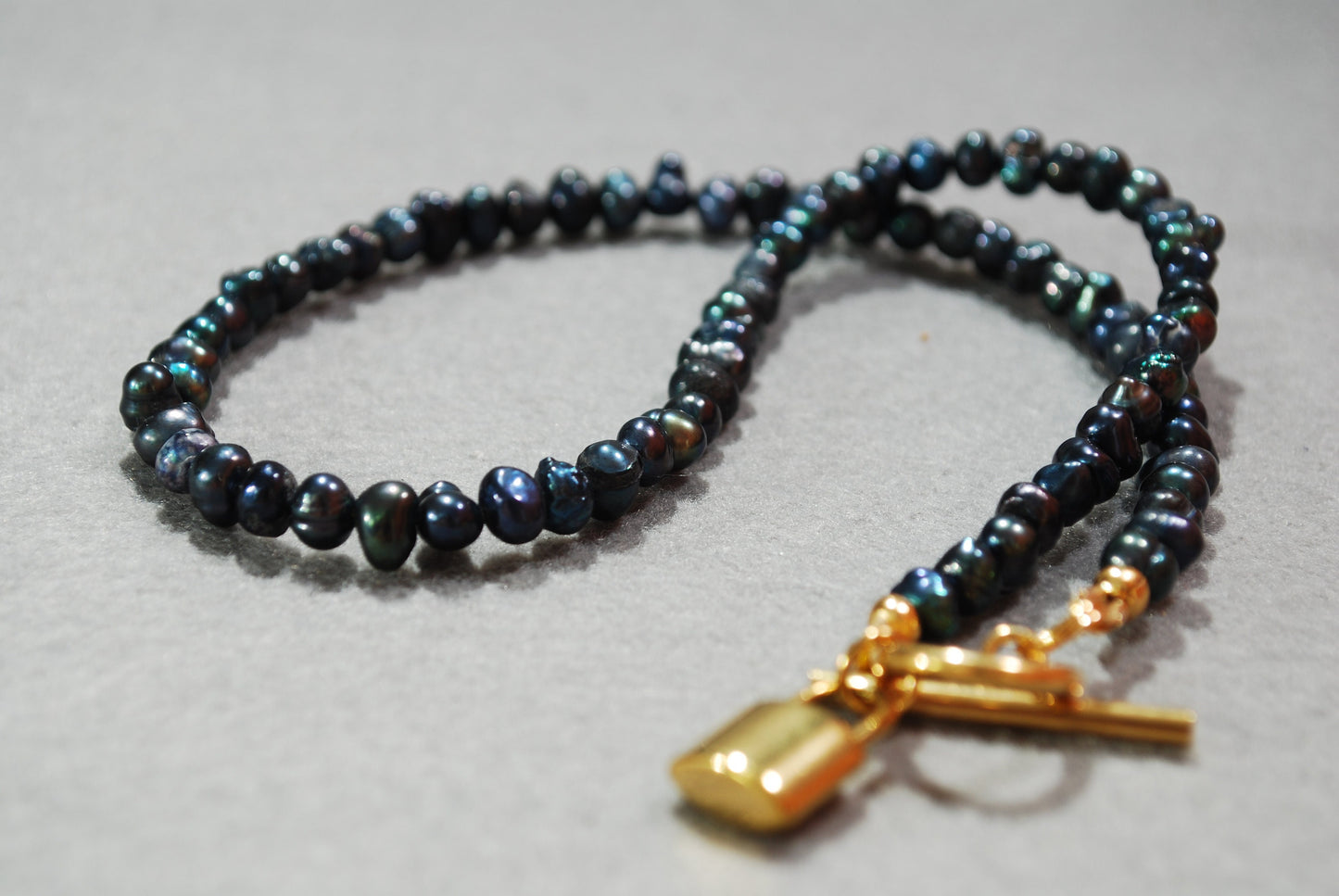 Dark Blue Irregular Freshwater Pearl Beaded Necklace, Stainless Steel Golden Plated Lock Choker, 39cm 15 1/3"