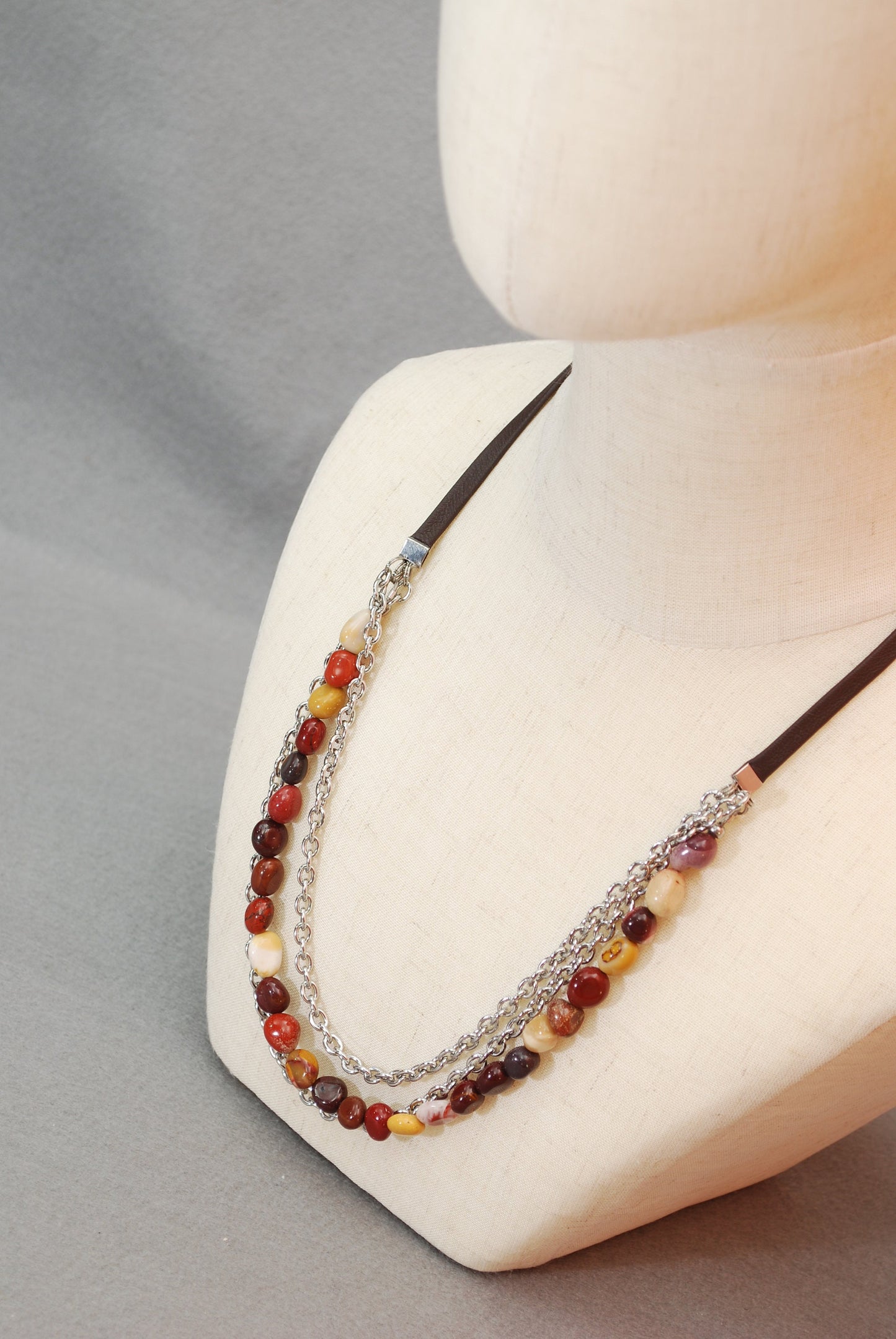 Big massive mookaite stone necklace, Leather cord & large stainless steel chain 59cm 23"