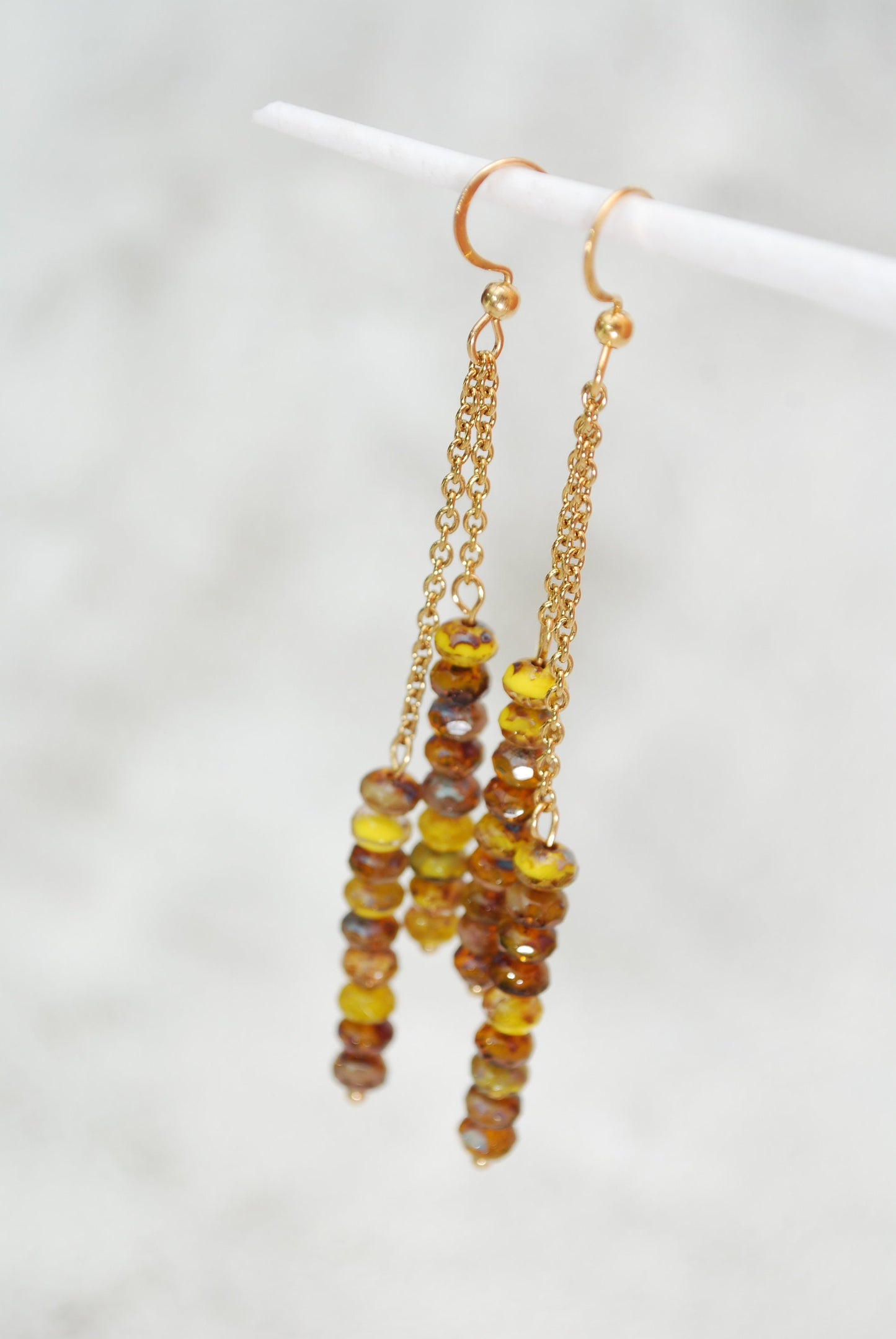 Long chain earrings, yellow brown glass beaded earrings,   8.5cm - 3 1/3"