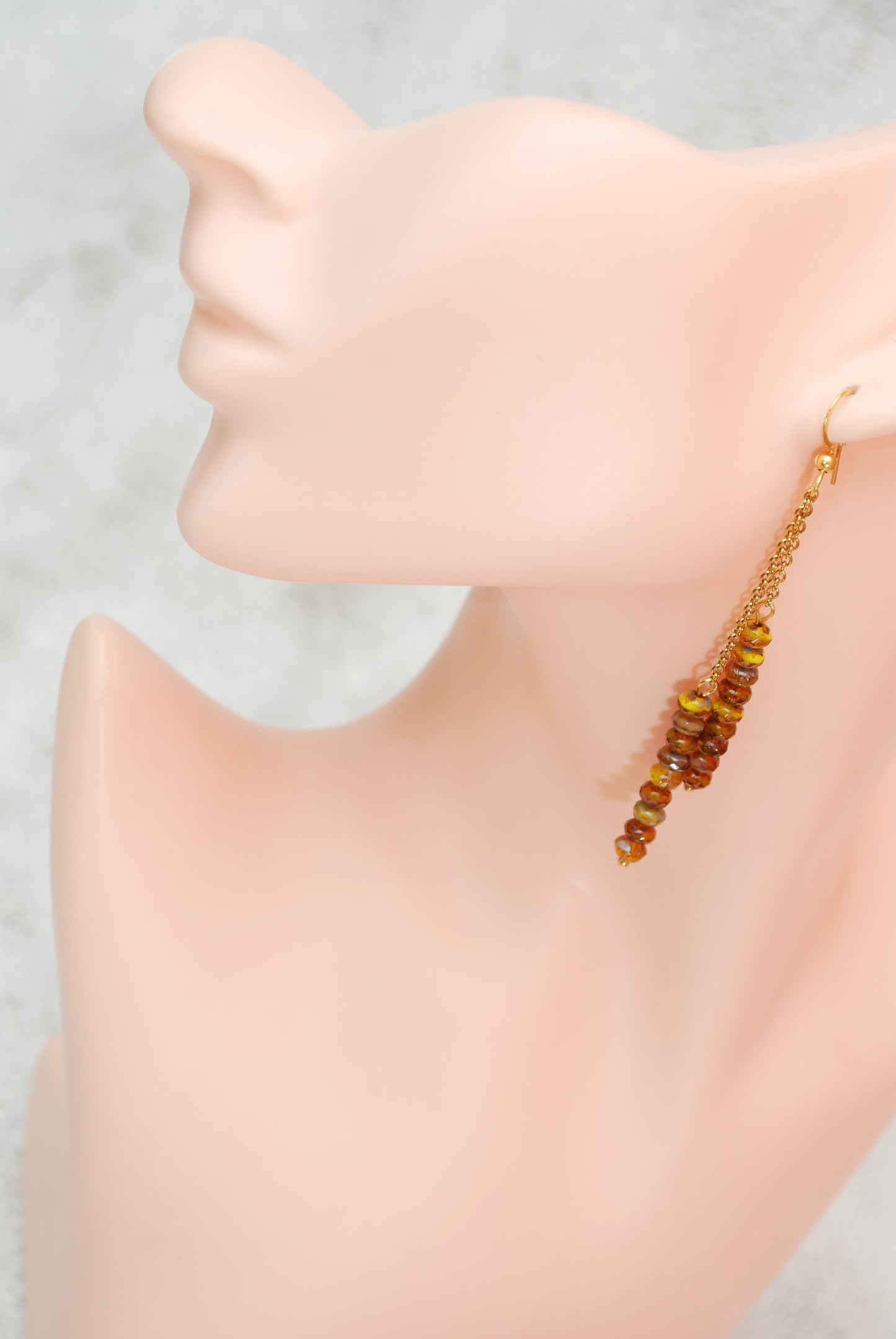 Long chain earrings, yellow brown glass beaded earrings,   8.5cm - 3 1/3"