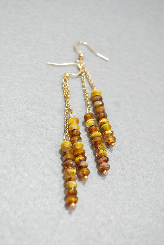 Long chain earrings, yellow brown glass beaded earrings,   8.5cm - 3 1/3"