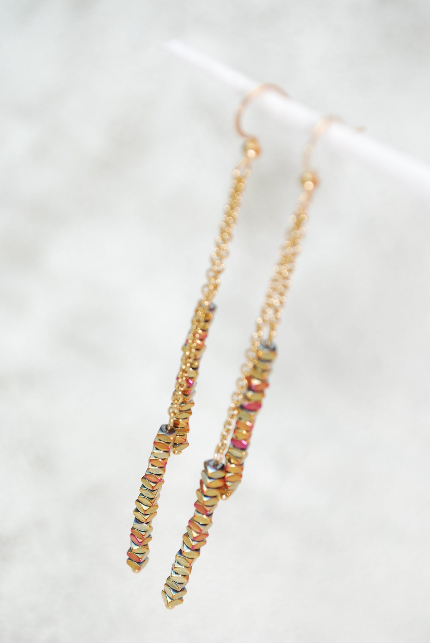 Long gold chain & hematite іstone beaded earrings, old look, Gold-tone stainless steel earrings, summer festival earrings 3 1/2" 9cm