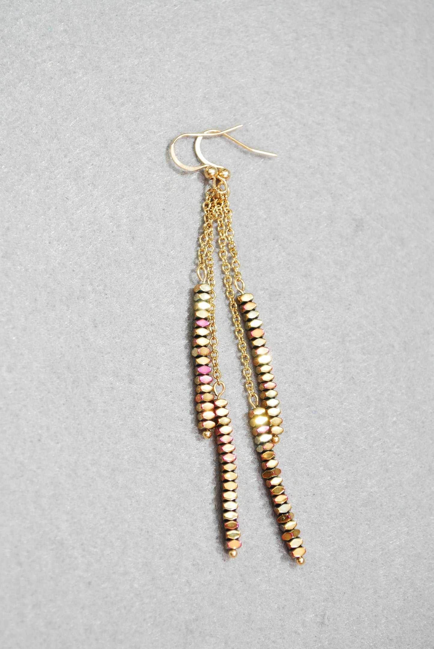 Long gold chain & hematite іstone beaded earrings, old look, Gold-tone stainless steel earrings, summer festival earrings 3 1/2" 9cm