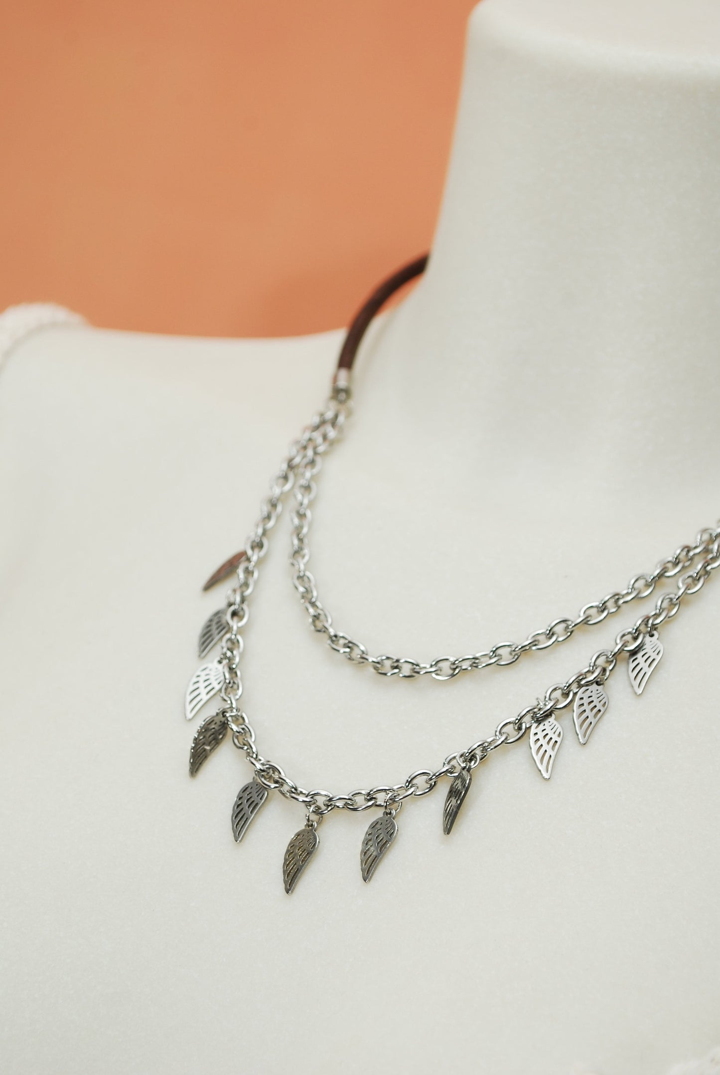 Multiple layer necklace, Feather chain nekclace, stailess steel & natural leather cord neckalce,  45cm - 18"