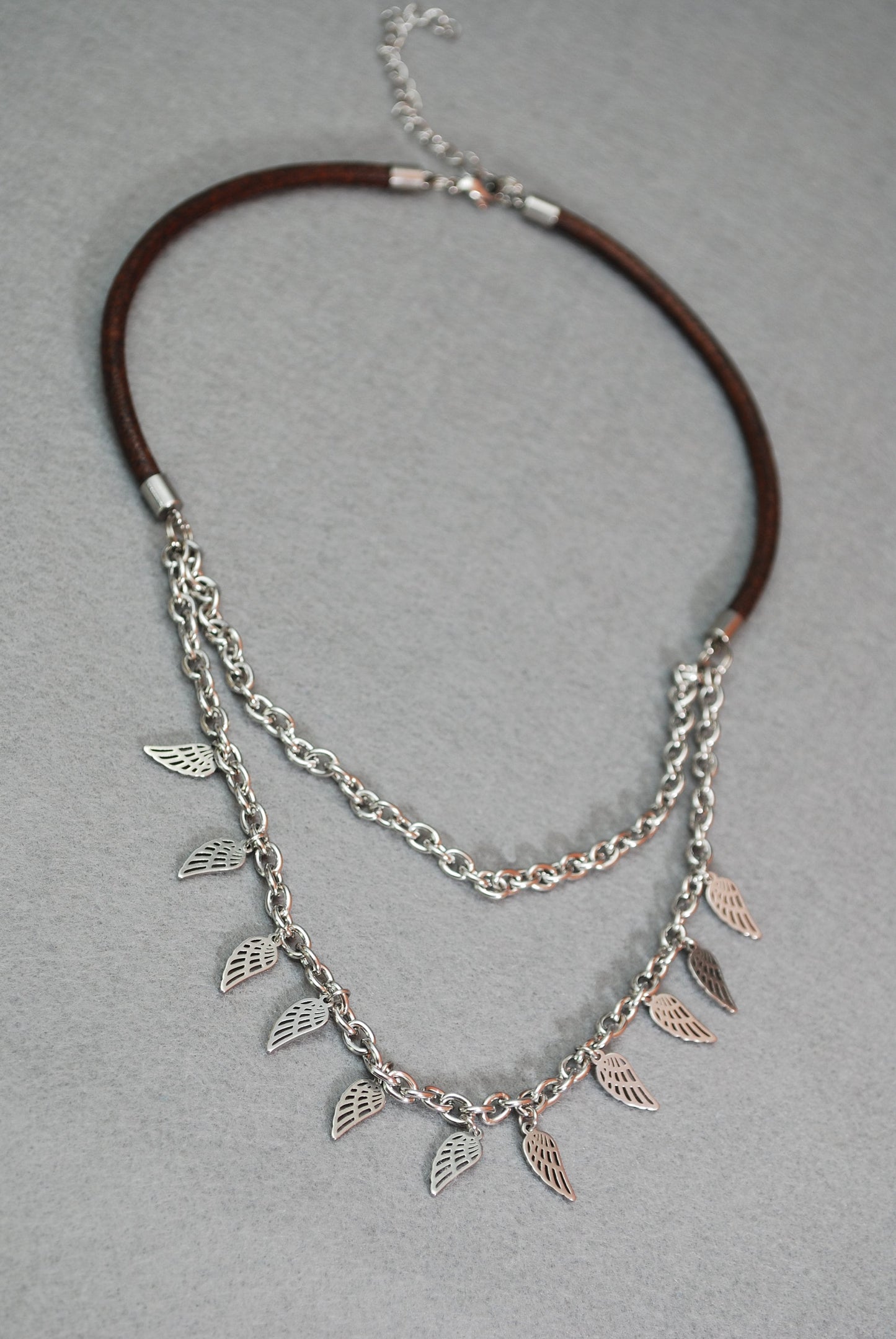 Multiple layer necklace, Feather chain nekclace, stailess steel & natural leather cord neckalce,  45cm - 18"