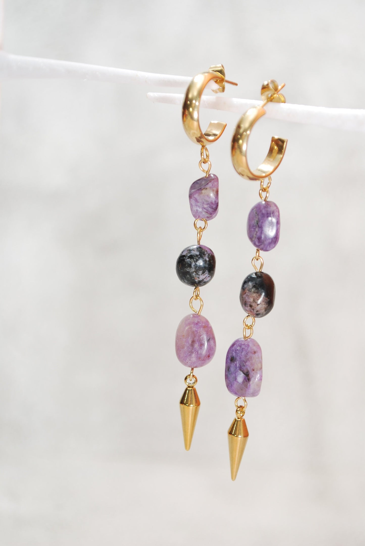 Long charoite stone cascade earrings,  spike gold plated stainless steel earrings,  8cm - 3.1"