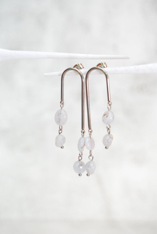 Chalcedony Stone Beads Arc Earrings, Stainless Steel Jewelry,  Hippie Wedding Jewelry, 6cm 2.3"