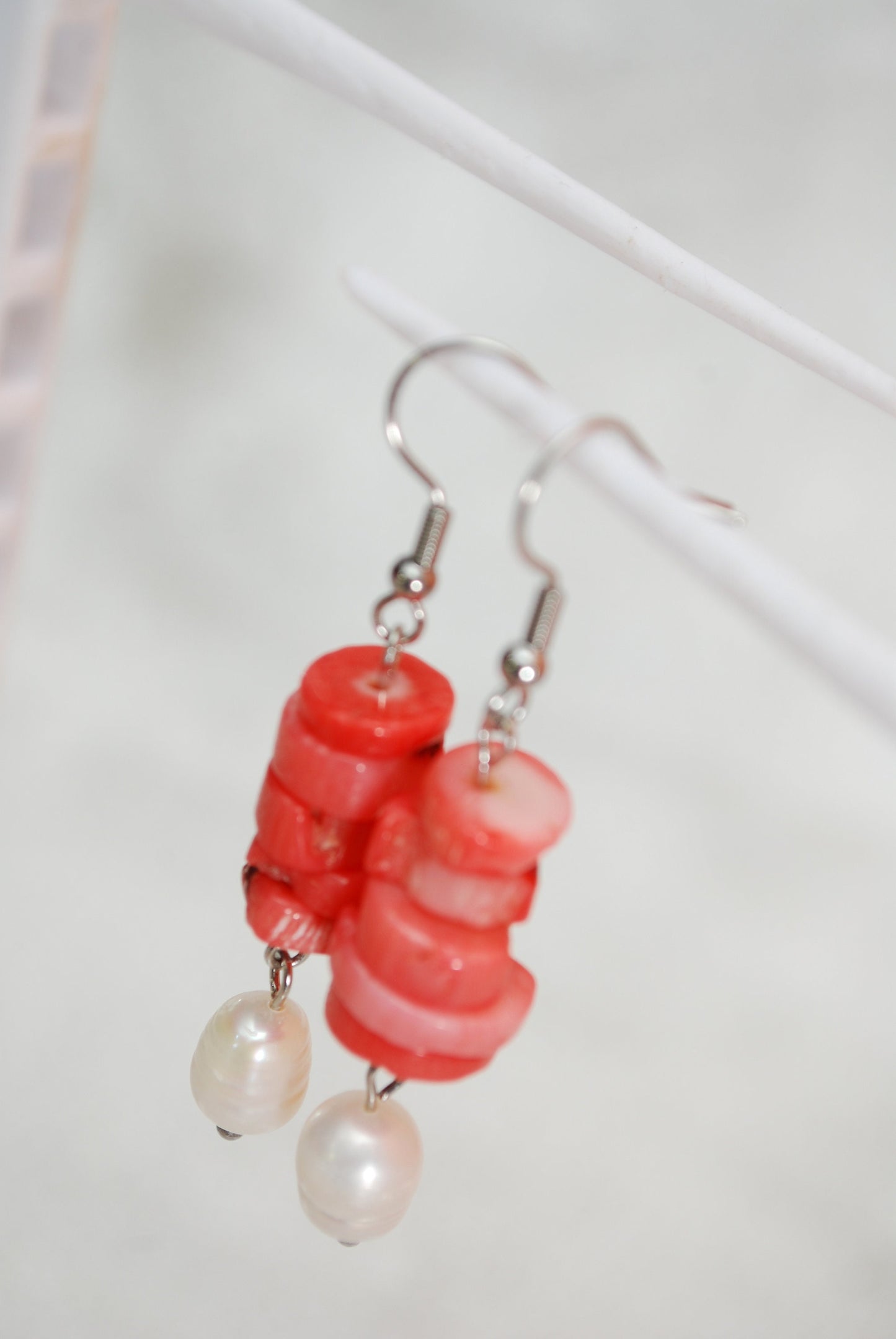 Coral stone & Big freshwater pearl earrings, estibela design, 5.7cm 2.2 inches. Classic and sophisticated adornments.