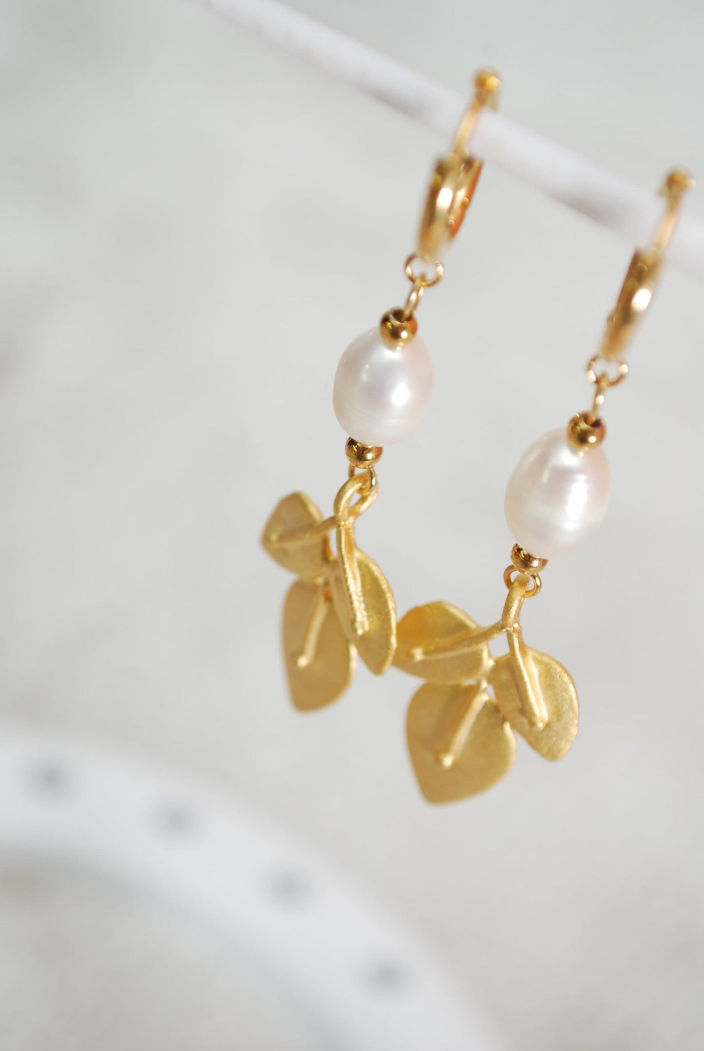 Gold plated Leaf Drop Earrings, Freshwater pearl earrings, Bohemian Hoops, Classic outfit, 6cm 2.3"