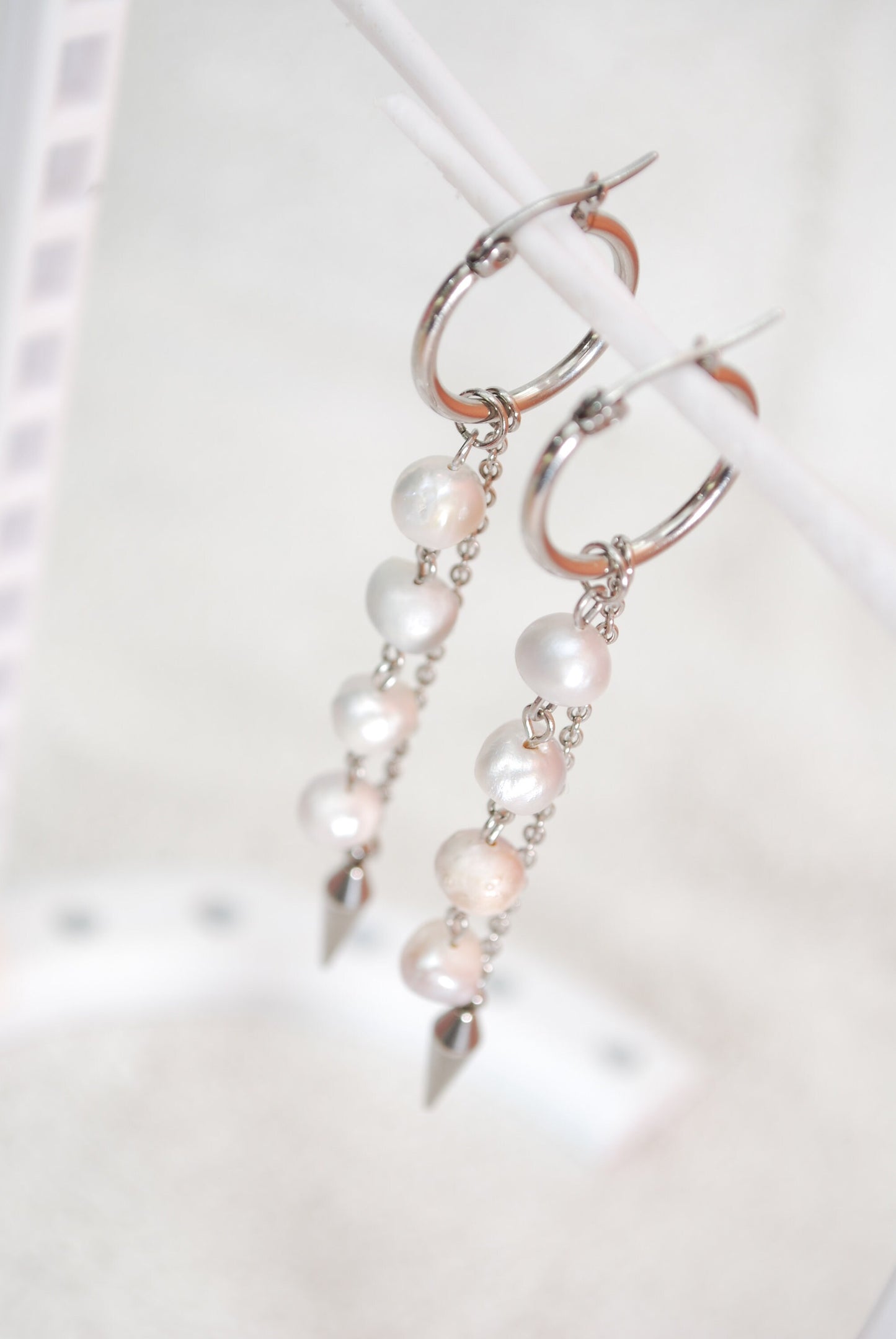 Long Chain Stainless Steel & Freshwater Pearl Earrings, Large Hook spike earrings, Estibela, 9cm 3.5"