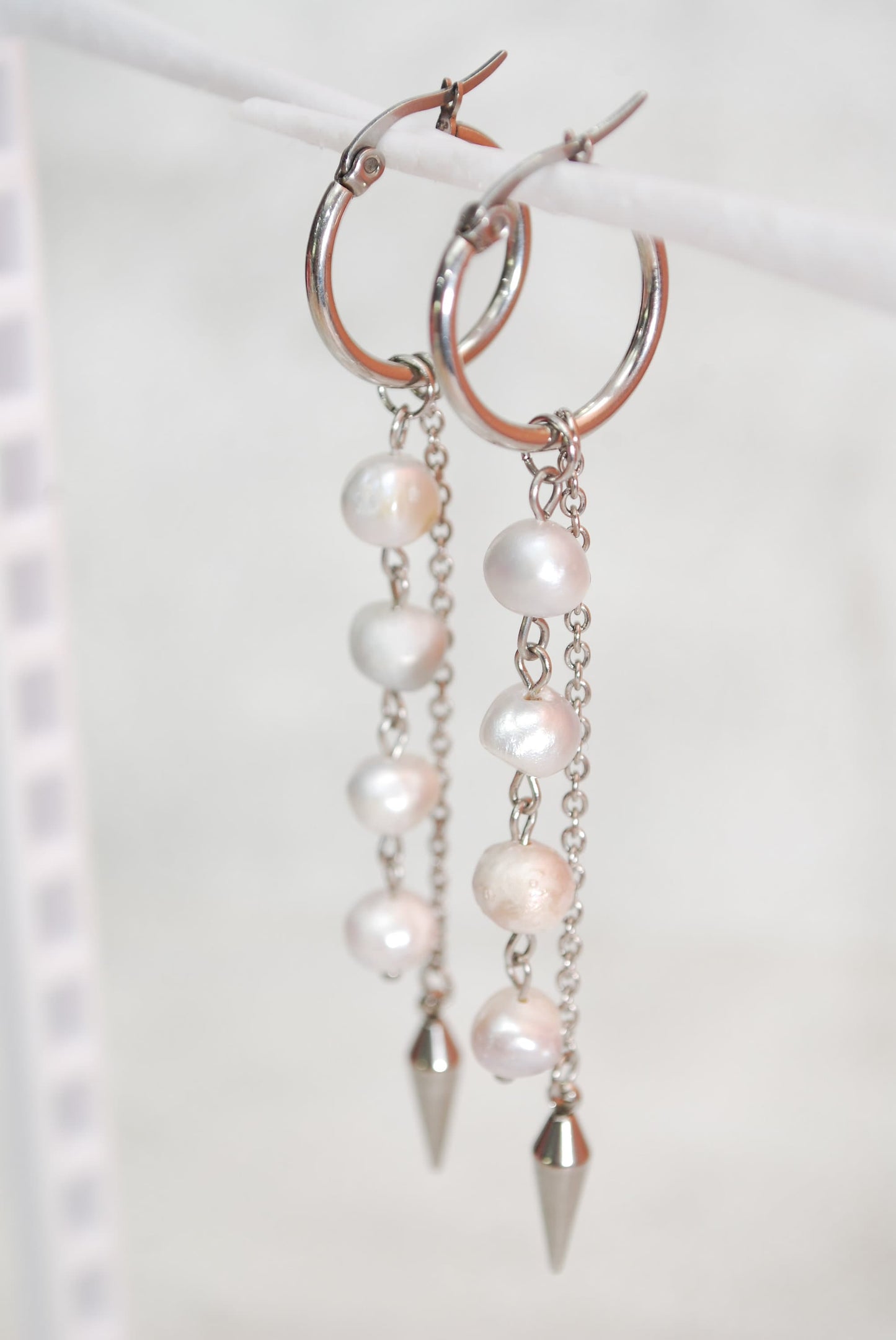 Long Chain Stainless Steel & Freshwater Pearl Earrings, Large Hook spike earrings, Estibela, 9cm 3.5"