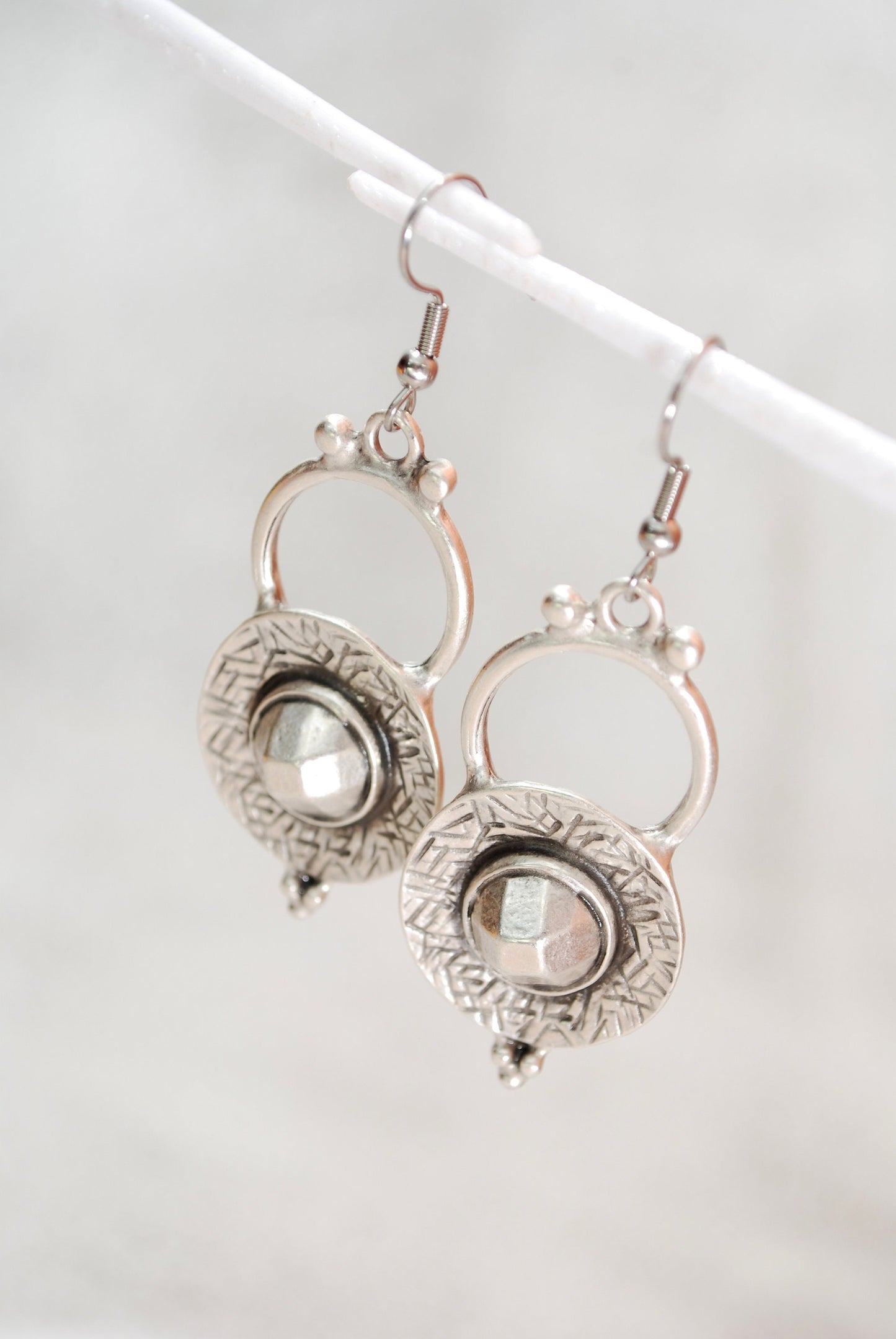 Tribal abstract silver tone  earrings, round chunky earrings, Dangling Bohemian Earrings,  2 1/3 "6cm