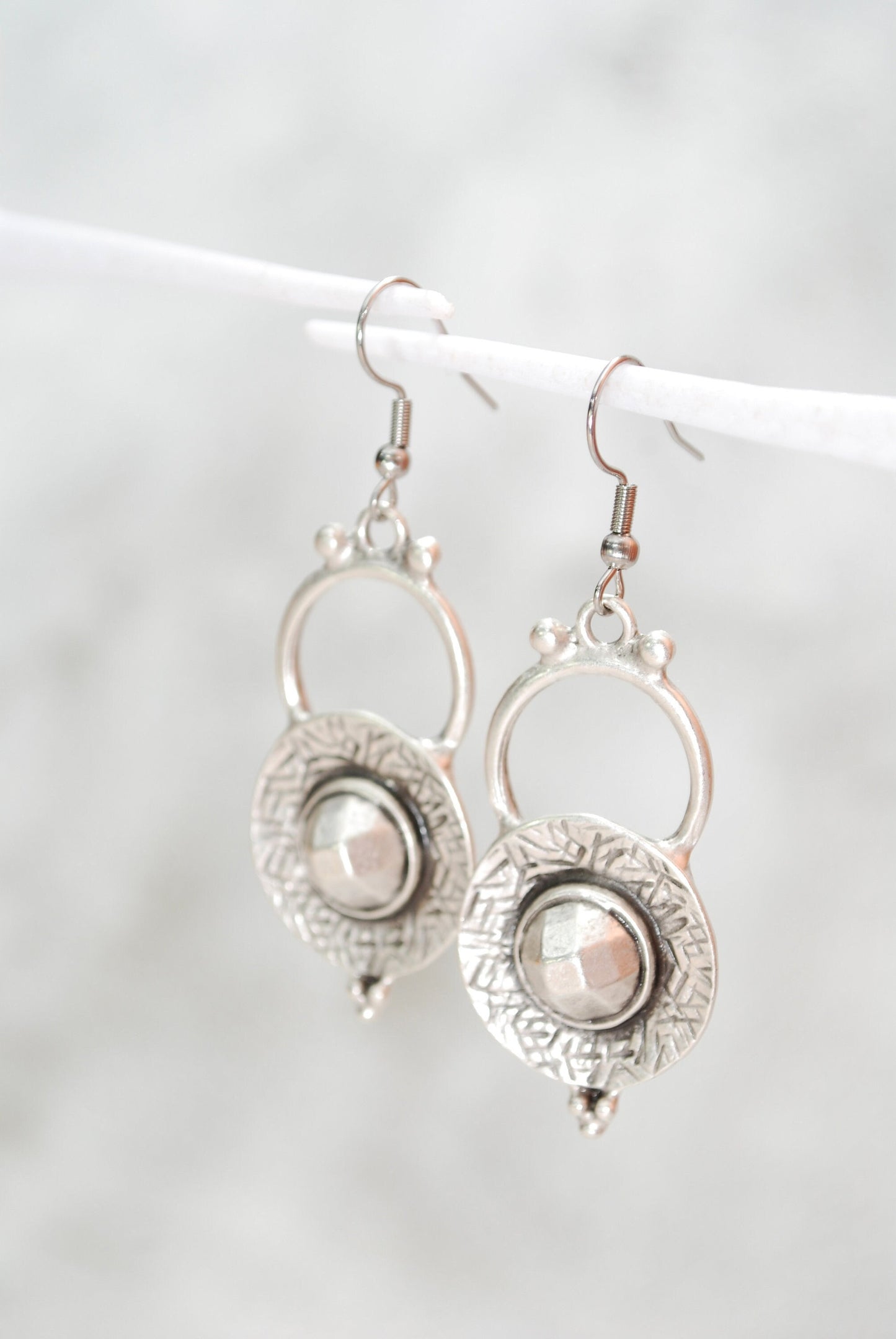 Tribal abstract silver tone  earrings, round chunky earrings, Dangling Bohemian Earrings,  2 1/3 "6cm